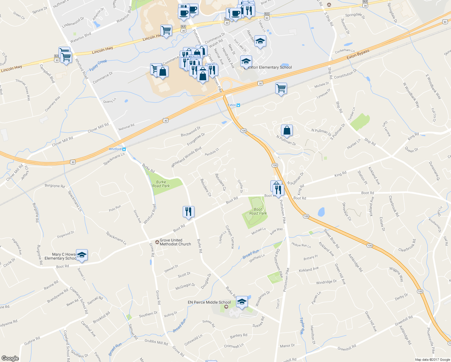 map of restaurants, bars, coffee shops, grocery stores, and more near 452 Cardigan Terrace in West Chester
