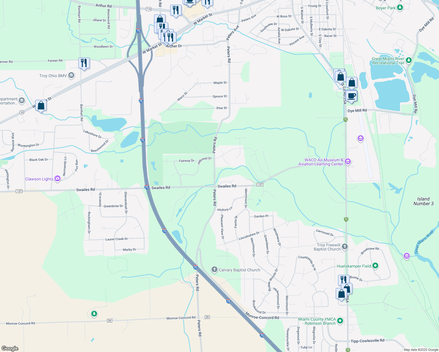 map of restaurants, bars, coffee shops, grocery stores, and more near 725 Swailes Road in Troy