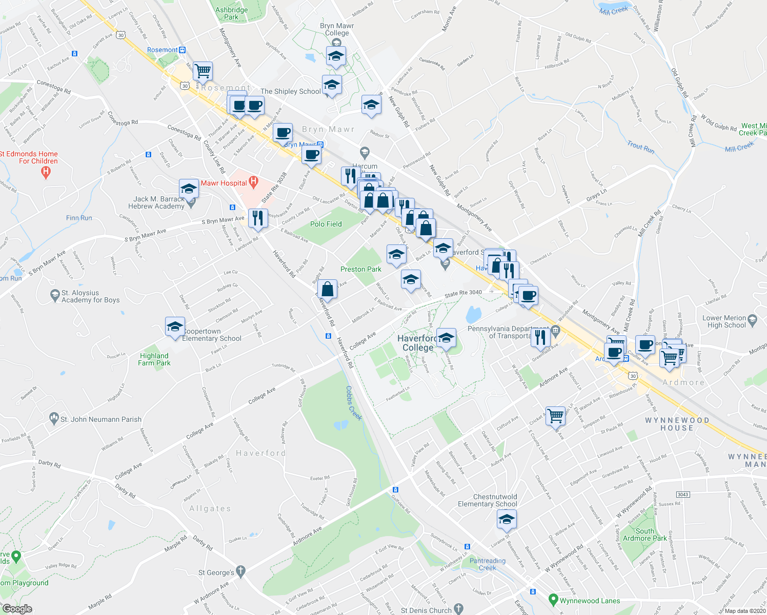 map of restaurants, bars, coffee shops, grocery stores, and more near 550 East Railroad Avenue in Haverford