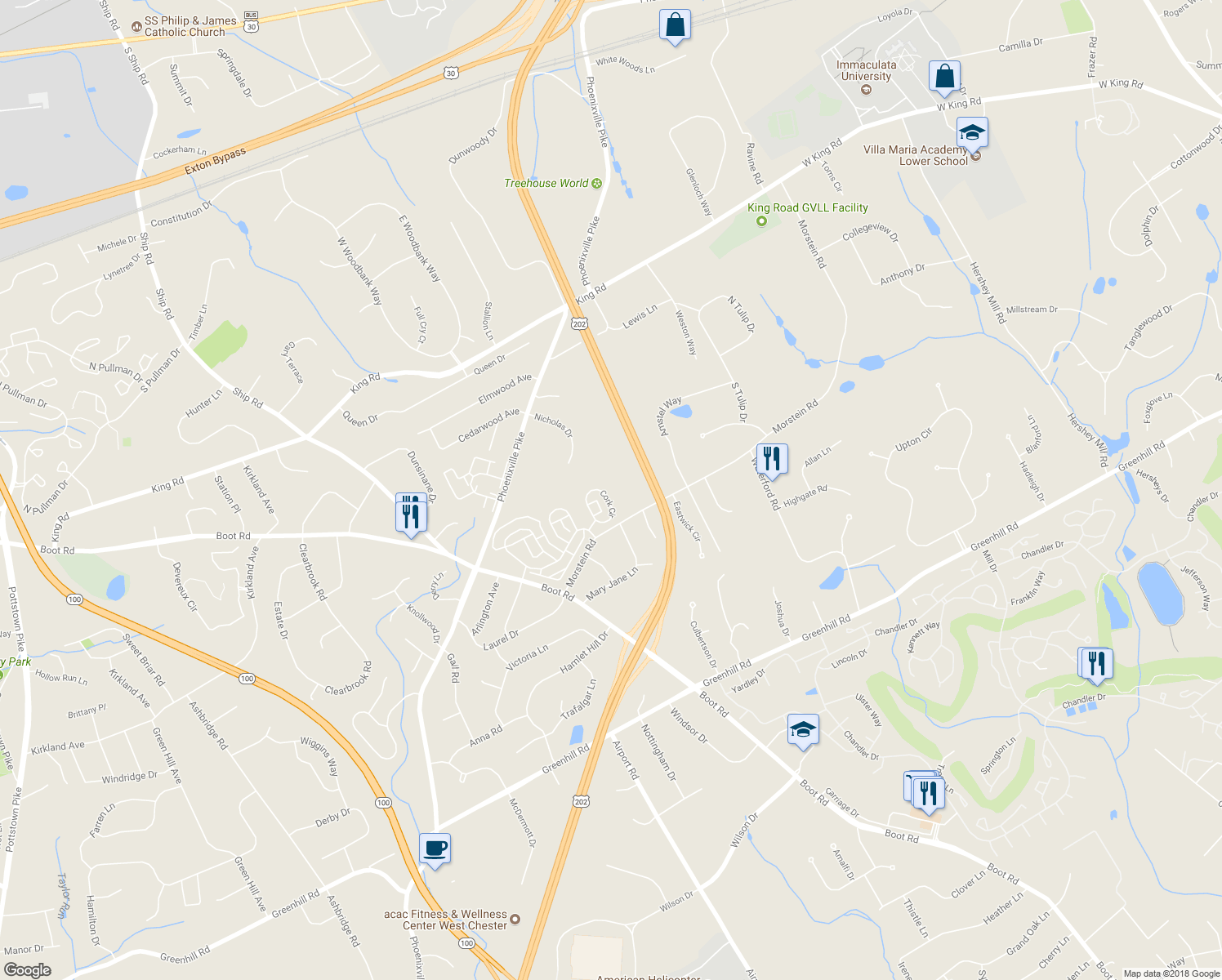 map of restaurants, bars, coffee shops, grocery stores, and more near 574 Cork Circle in West Chester