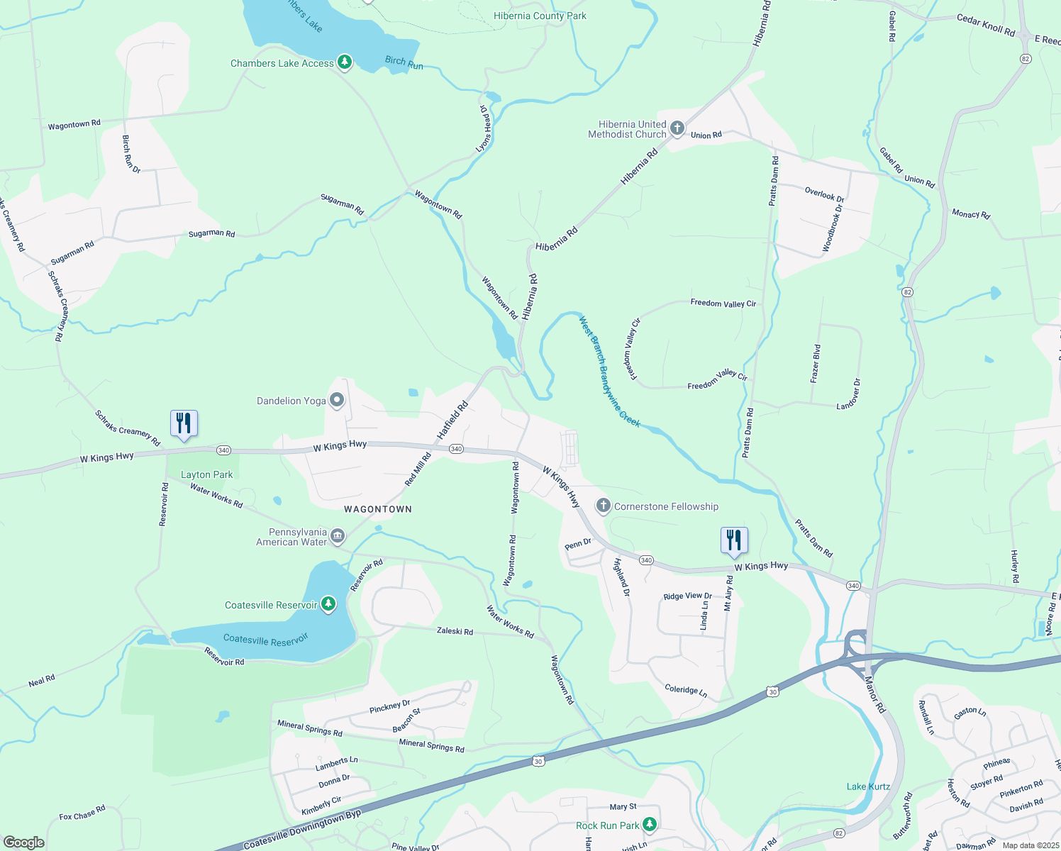 map of restaurants, bars, coffee shops, grocery stores, and more near 424 Wagontown Road in Coatesville