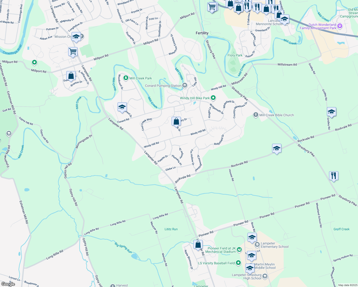 map of restaurants, bars, coffee shops, grocery stores, and more near 109 Nectar Terrace in Lancaster