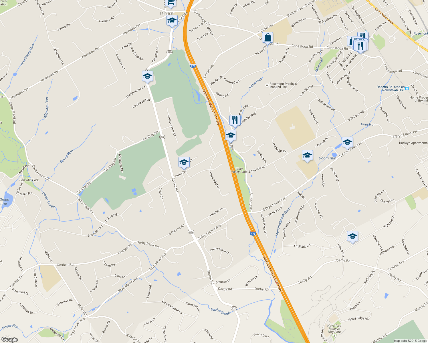 map of restaurants, bars, coffee shops, grocery stores, and more near 203 Drakes Drum Drive in Bryn Mawr