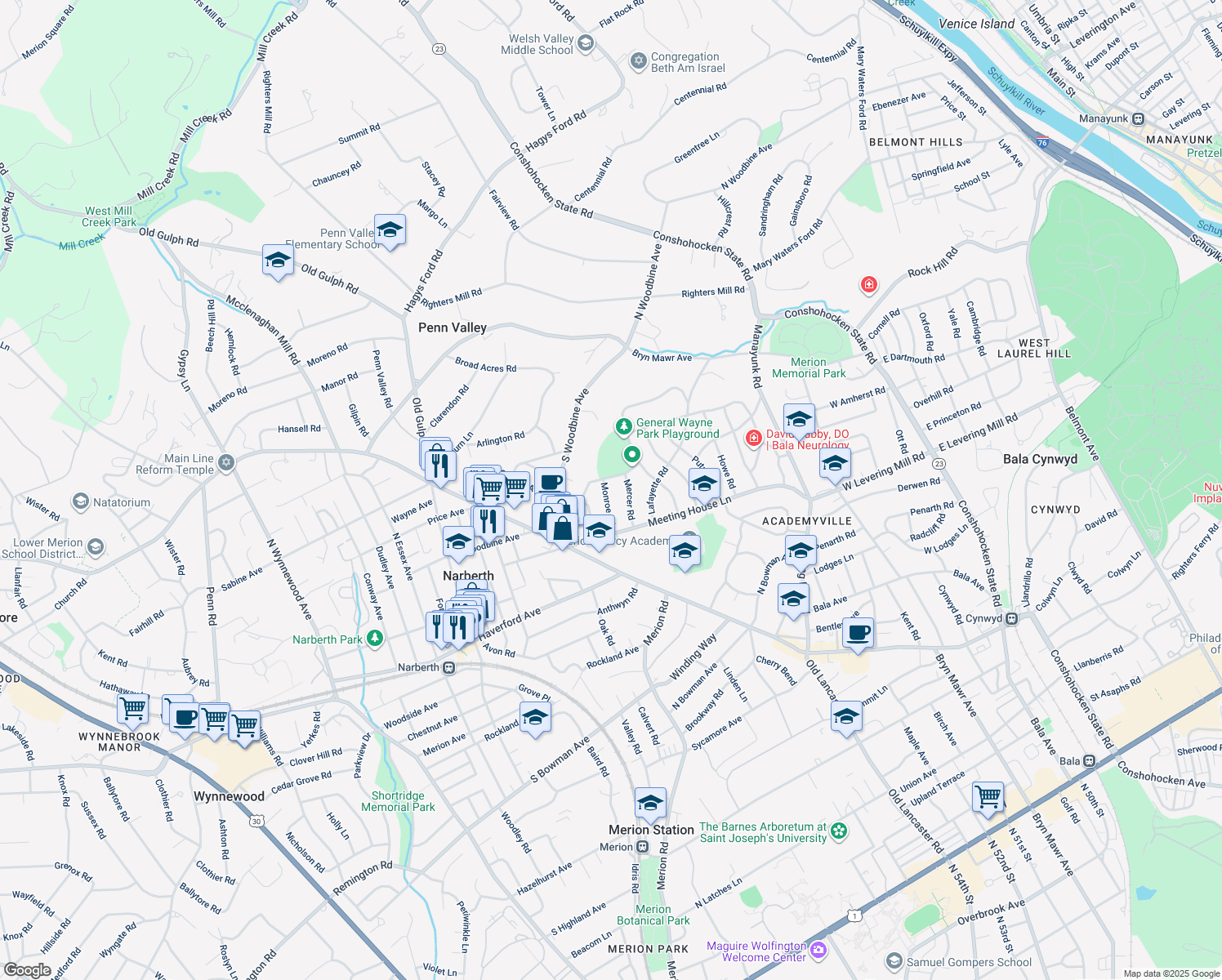 map of restaurants, bars, coffee shops, grocery stores, and more near 523 Monroe Road in Merion Station
