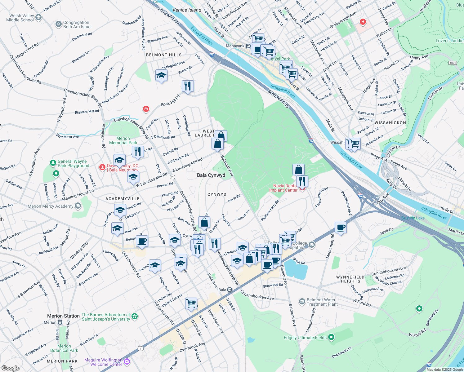 map of restaurants, bars, coffee shops, grocery stores, and more near 305 Penbree Circle in Bala Cynwyd