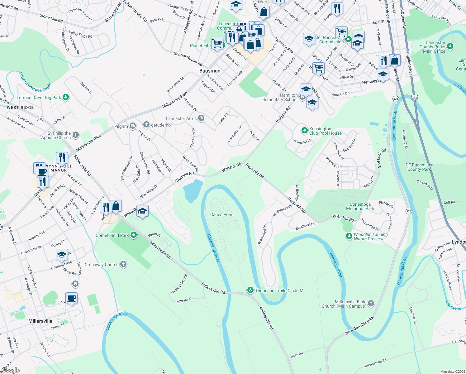 map of restaurants, bars, coffee shops, grocery stores, and more near 636 Bean Hill Rd in Lancaster