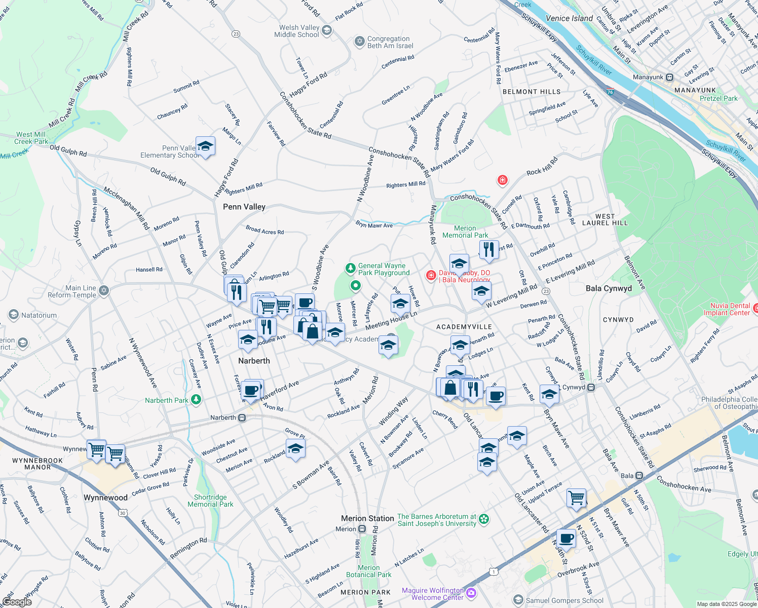 map of restaurants, bars, coffee shops, grocery stores, and more near 519 Revere Road in Merion Station