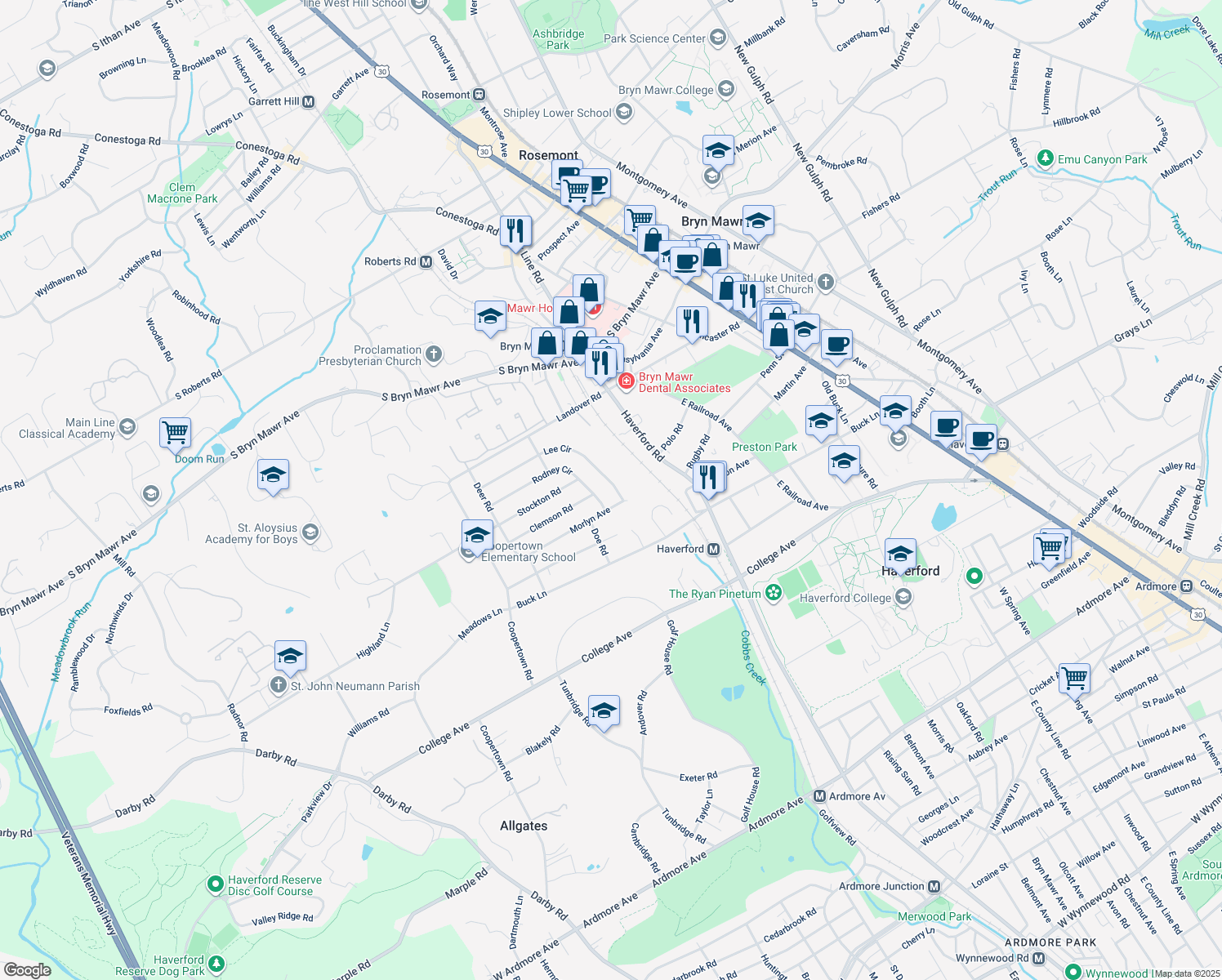 map of restaurants, bars, coffee shops, grocery stores, and more near 245 Lee Circle in Bryn Mawr