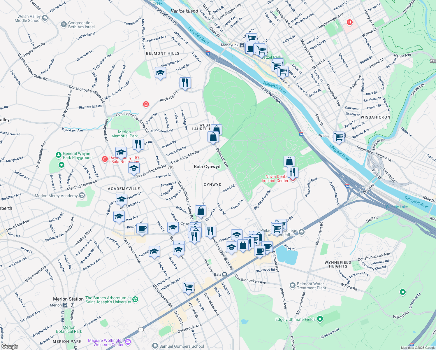 map of restaurants, bars, coffee shops, grocery stores, and more near 347 Llandrillo Road in Bala Cynwyd