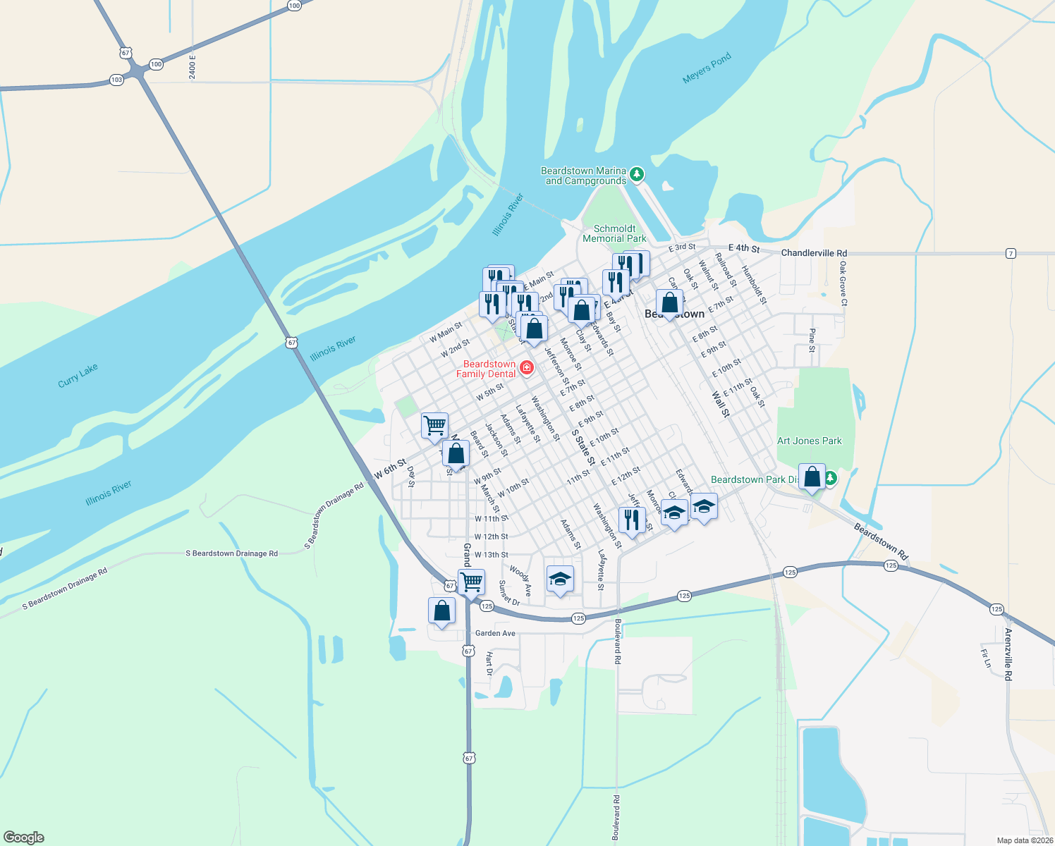 map of restaurants, bars, coffee shops, grocery stores, and more near 748 Lafayette St in Beardstown