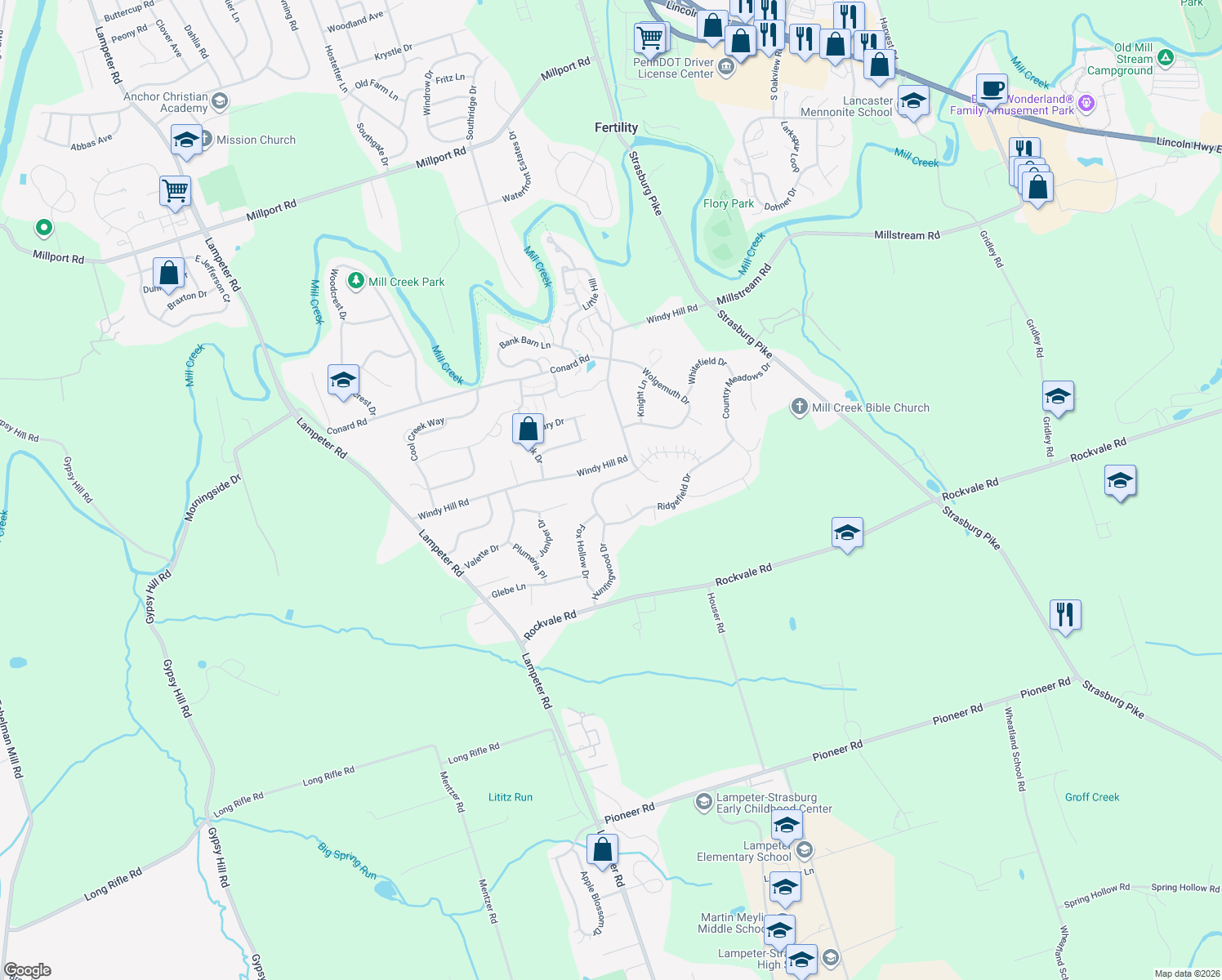 map of restaurants, bars, coffee shops, grocery stores, and more near 135 Huntingwood Dr in Lancaster