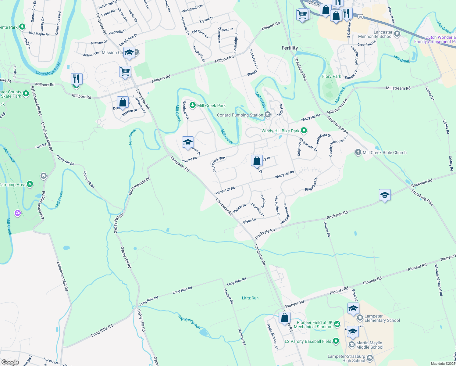 map of restaurants, bars, coffee shops, grocery stores, and more near 44 Breeze Way in Lancaster