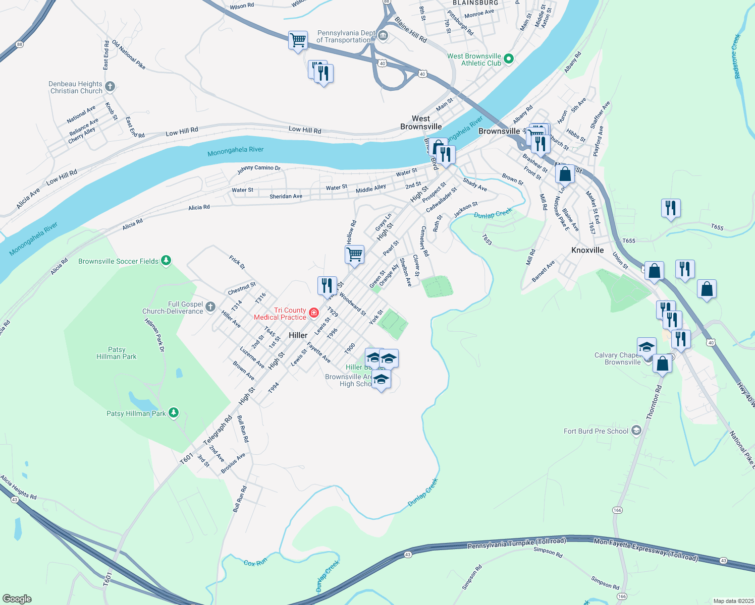 map of restaurants, bars, coffee shops, grocery stores, and more near 615 Howard St in Brownsville