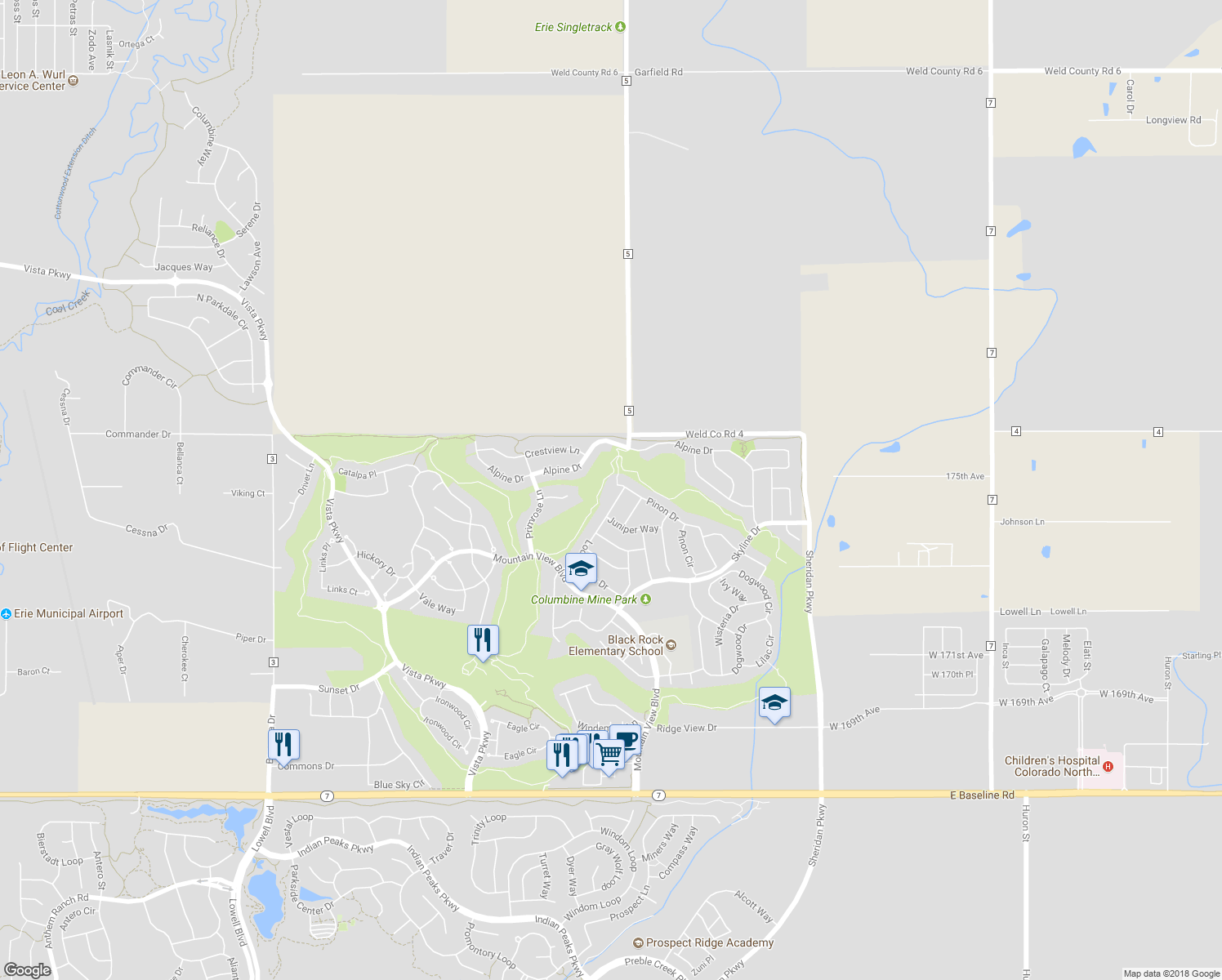 map of restaurants, bars, coffee shops, grocery stores, and more near 2057 Pinon Place in Erie
