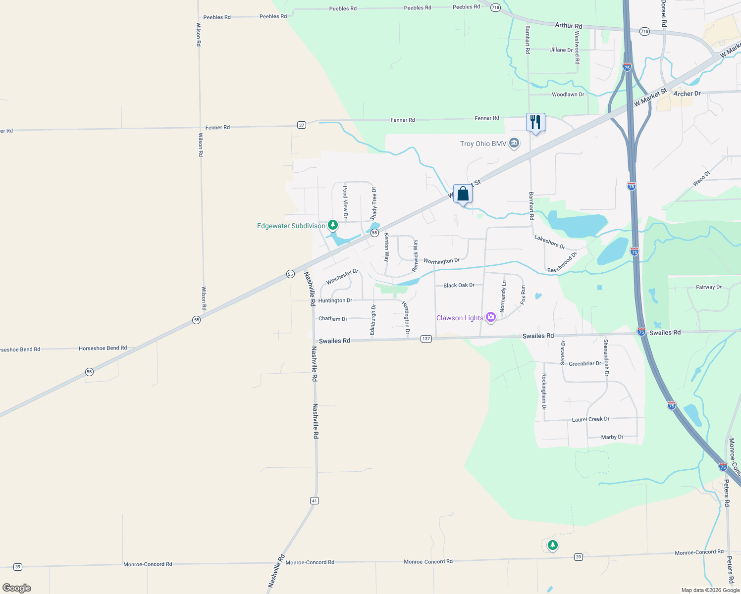 map of restaurants, bars, coffee shops, grocery stores, and more near 1382 Edinburgh Dr in Troy
