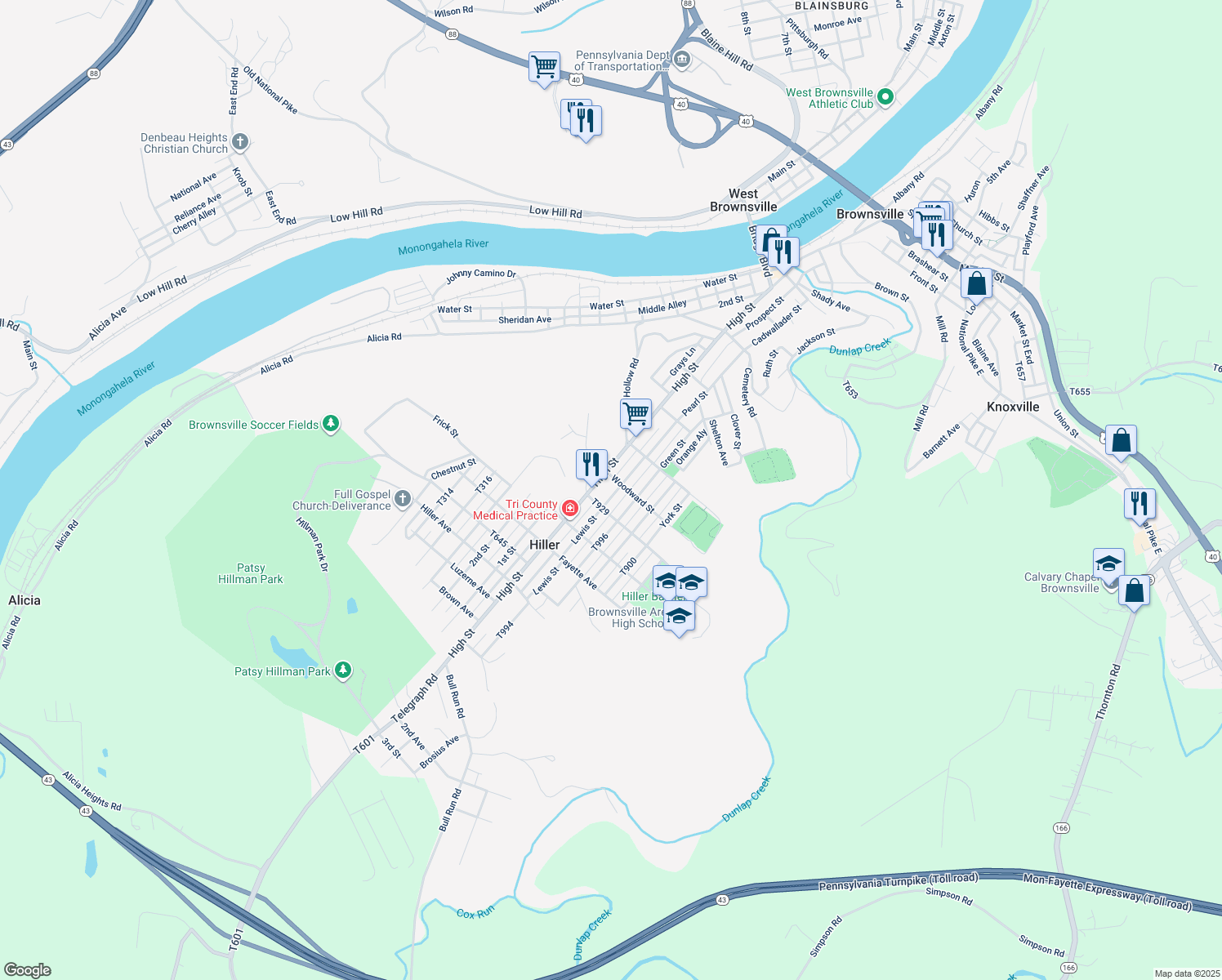 map of restaurants, bars, coffee shops, grocery stores, and more near 710 Lewis St in Brownsville