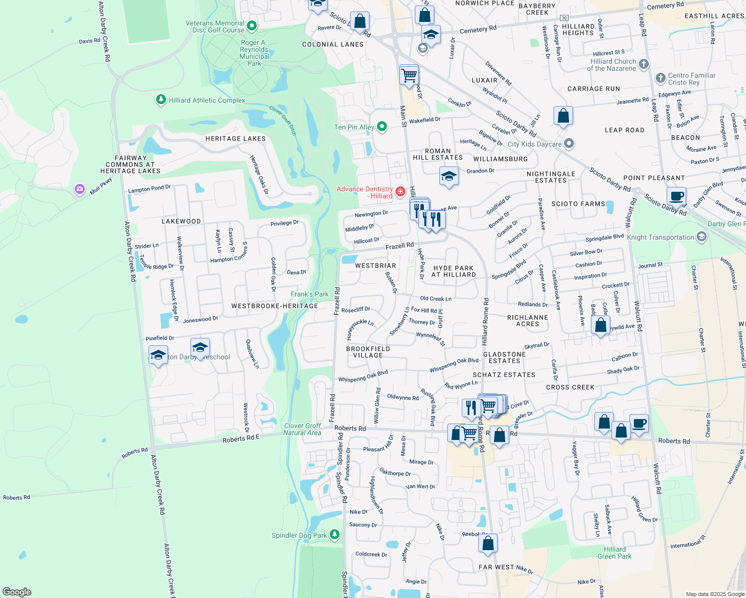 map of restaurants, bars, coffee shops, grocery stores, and more near 5627 Jennybrook Lane in Hilliard