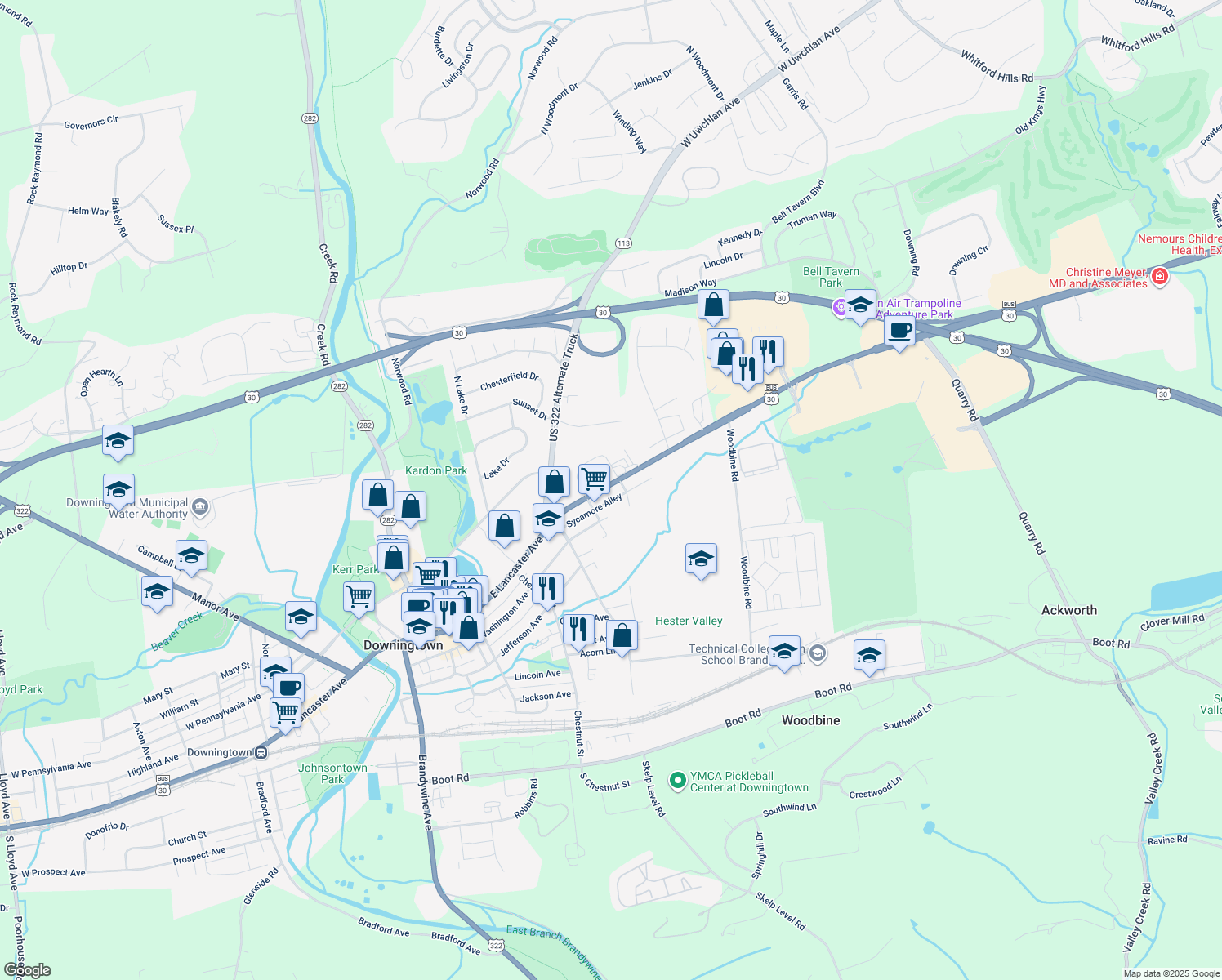 map of restaurants, bars, coffee shops, grocery stores, and more near 626 East Lancaster Avenue in Downingtown
