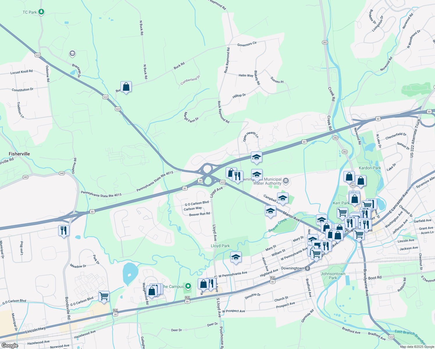 map of restaurants, bars, coffee shops, grocery stores, and more near 5001 Horseshoe Pike in Downingtown