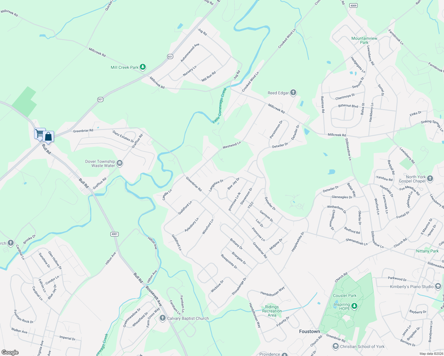 map of restaurants, bars, coffee shops, grocery stores, and more near 1439 Langshire Drive in York