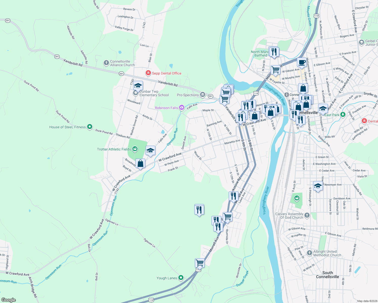 map of restaurants, bars, coffee shops, grocery stores, and more near 1605 W Crawford Ave in Connellsville
