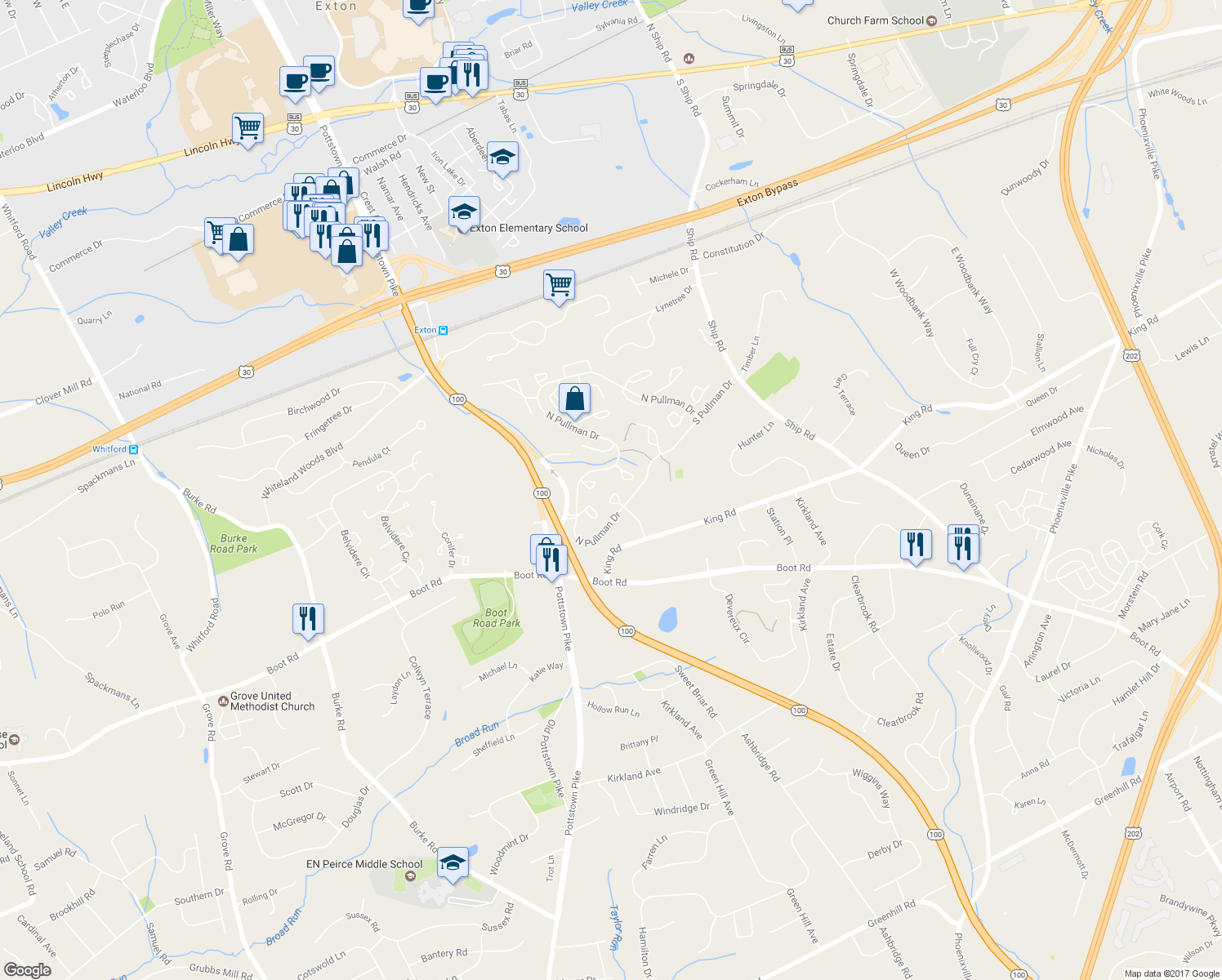 map of restaurants, bars, coffee shops, grocery stores, and more near 110 Wayne Court in West Chester
