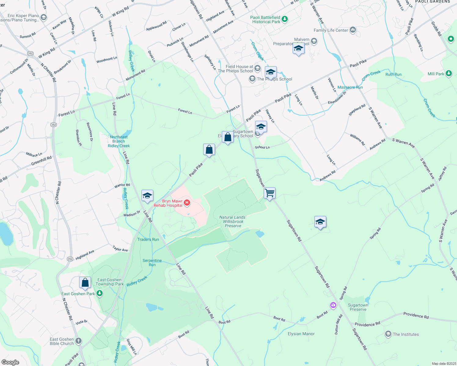 map of restaurants, bars, coffee shops, grocery stores, and more near 8 Woodland Drive in Malvern