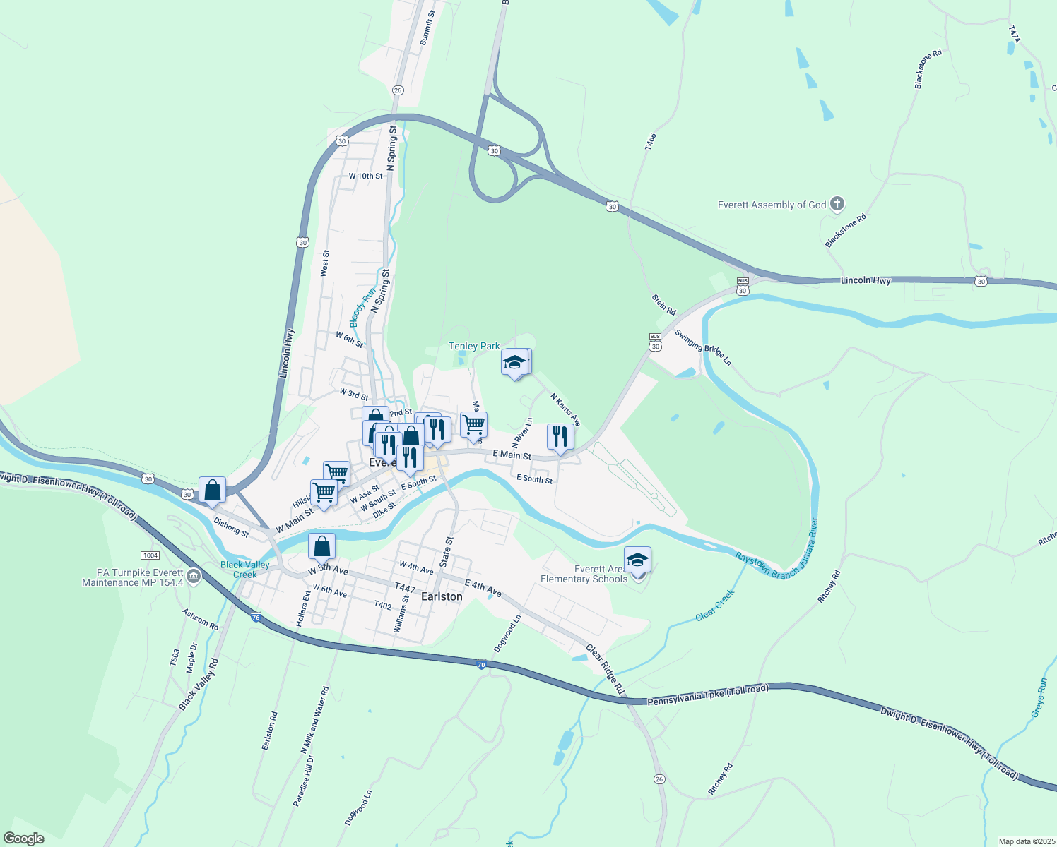 map of restaurants, bars, coffee shops, grocery stores, and more near 34 N River Ln in Everett