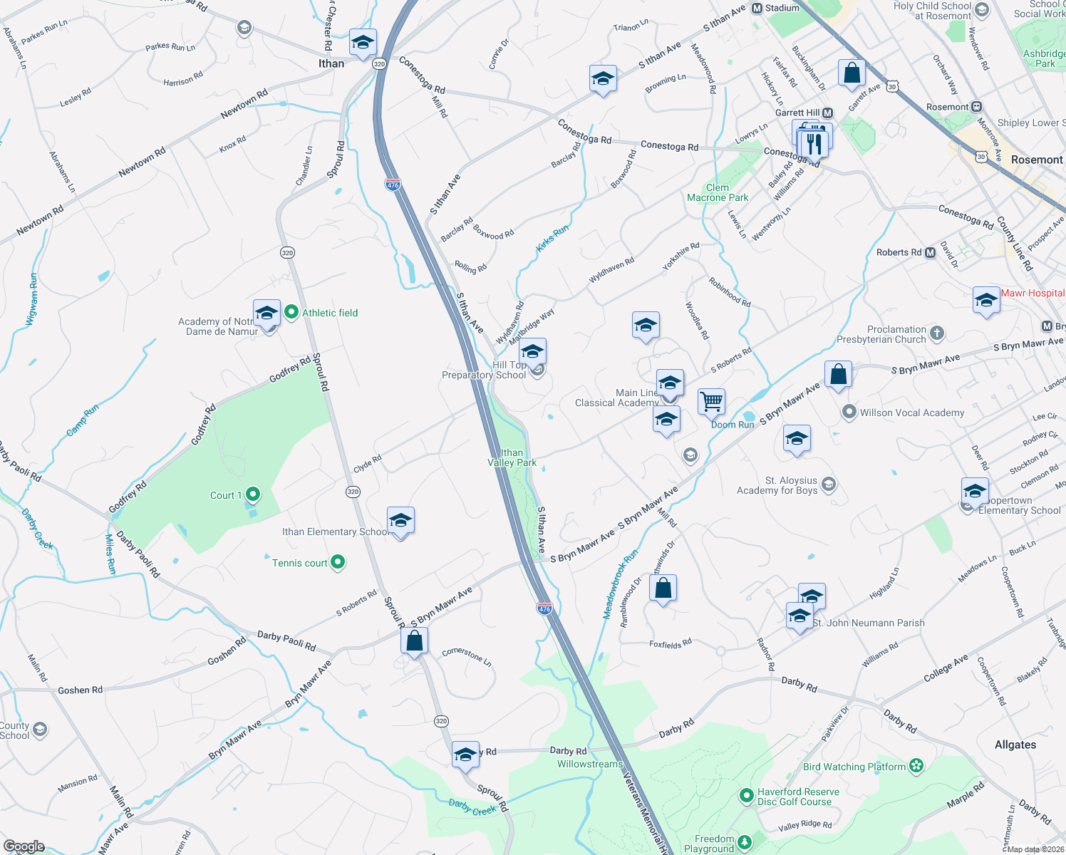 map of restaurants, bars, coffee shops, grocery stores, and more near 767 South Ithan Avenue in Bryn Mawr