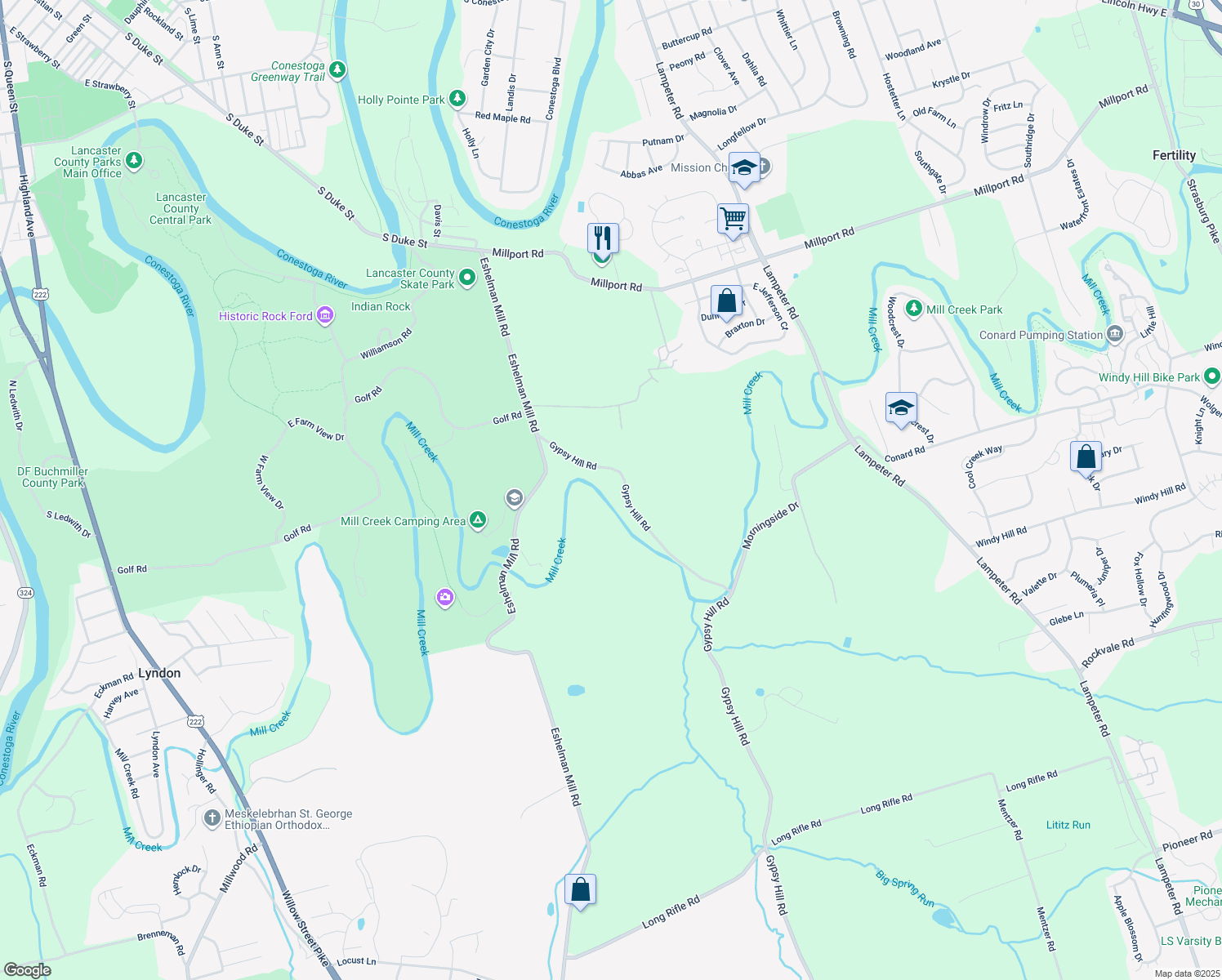 map of restaurants, bars, coffee shops, grocery stores, and more near 982 Gypsy Hill Rd in Lancaster