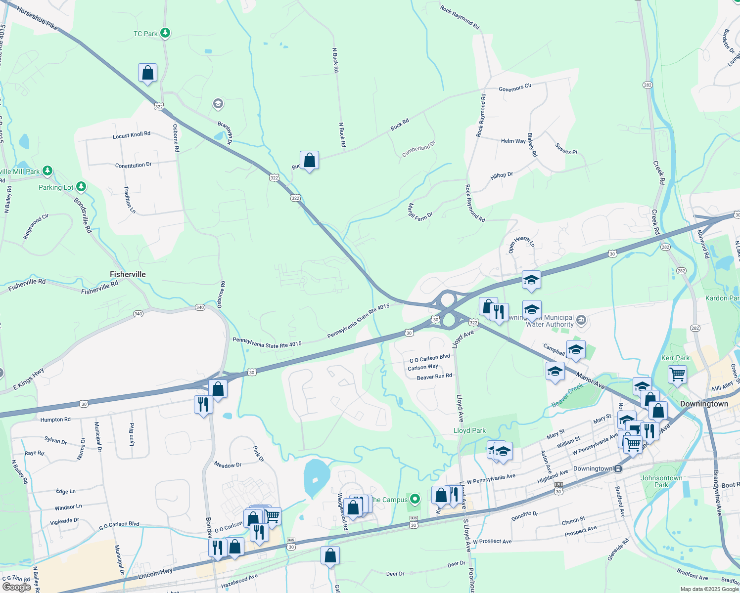 map of restaurants, bars, coffee shops, grocery stores, and more near 4701 Edges Mill Road in Downingtown