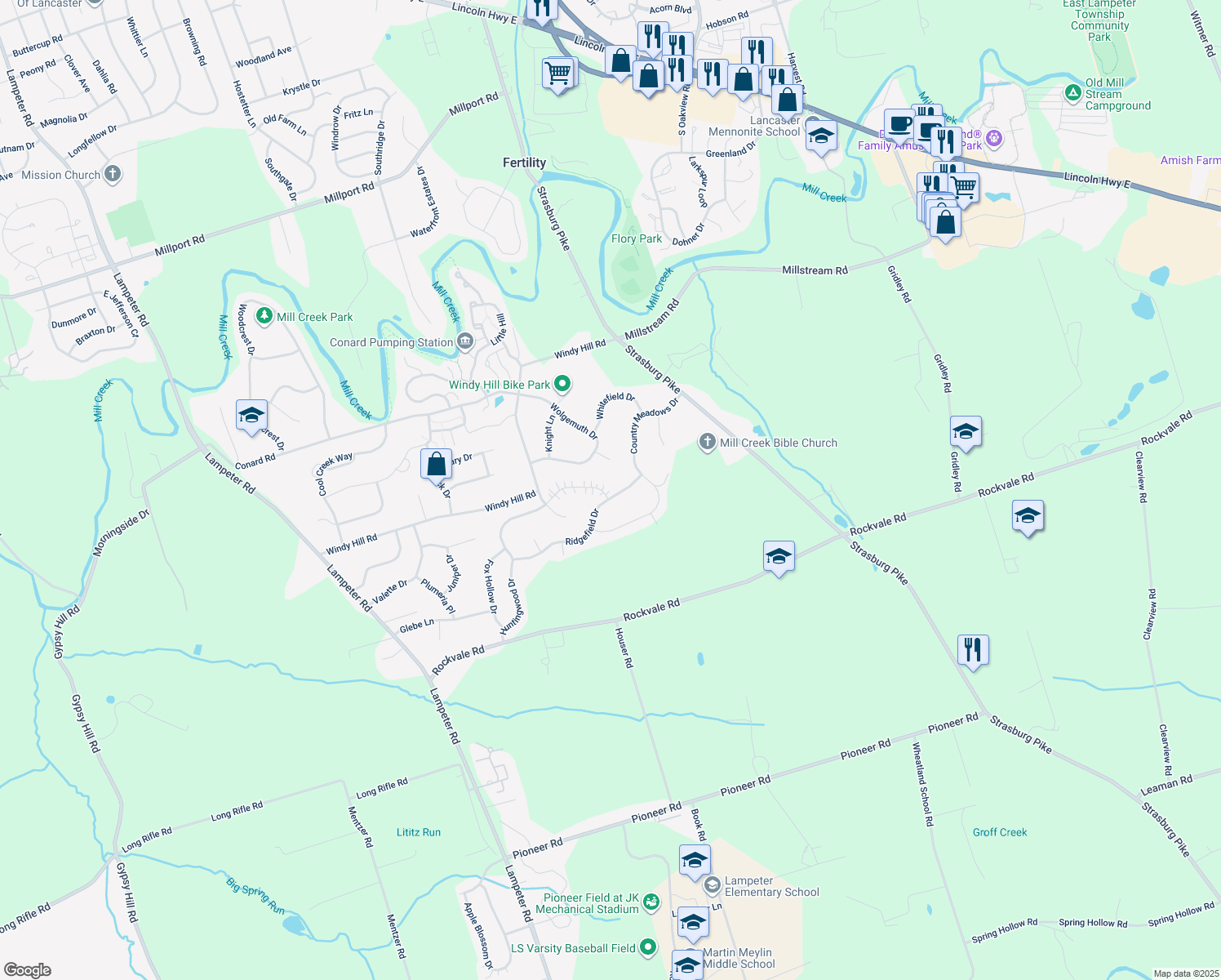 map of restaurants, bars, coffee shops, grocery stores, and more near 166 Huntingwood Drive in Lancaster