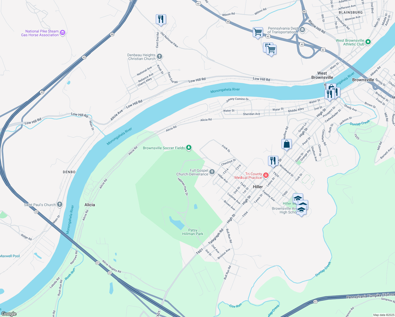 map of restaurants, bars, coffee shops, grocery stores, and more near in Hiller