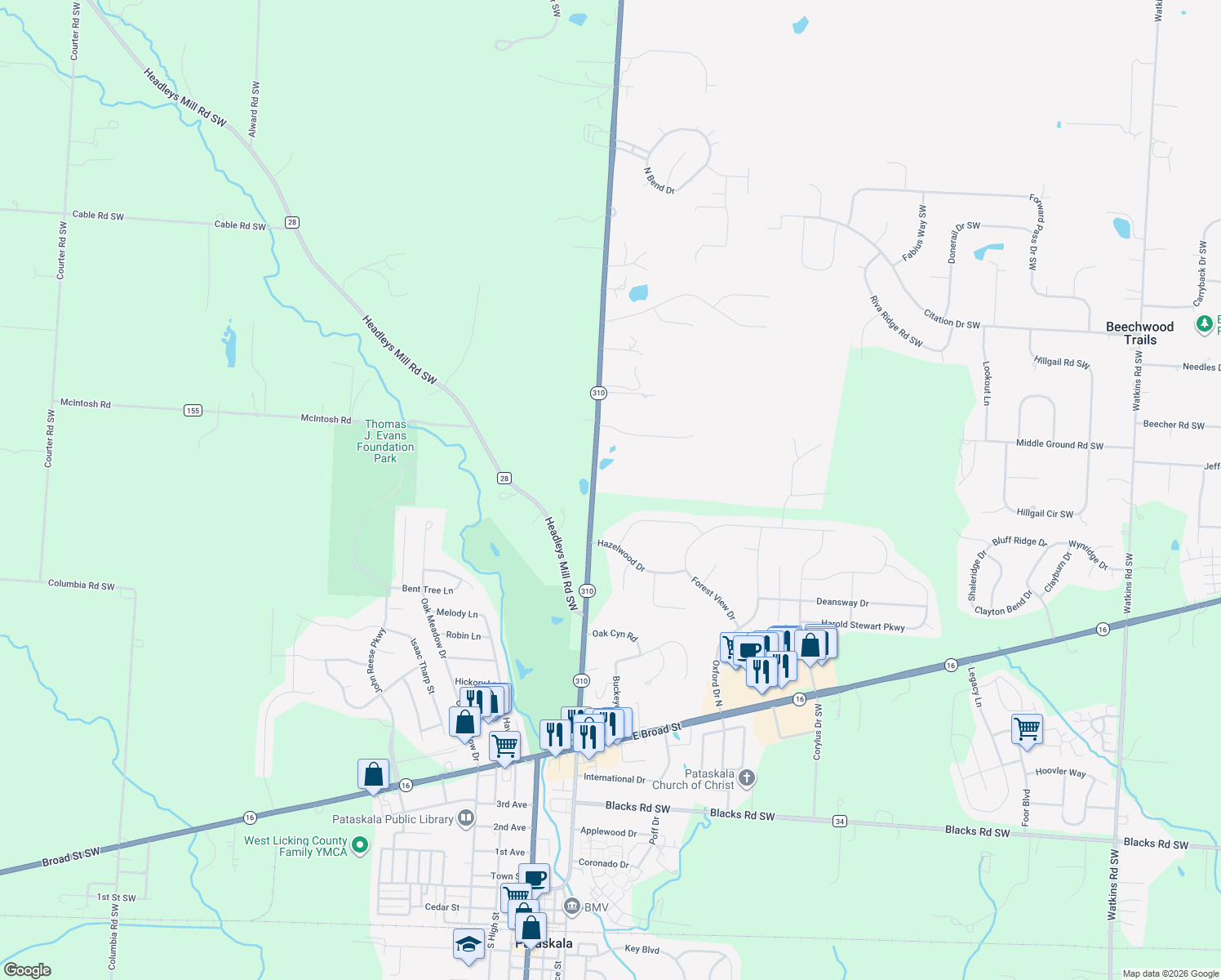 map of restaurants, bars, coffee shops, grocery stores, and more near 5289 Hazelton-Etna Road Southwest in Pataskala