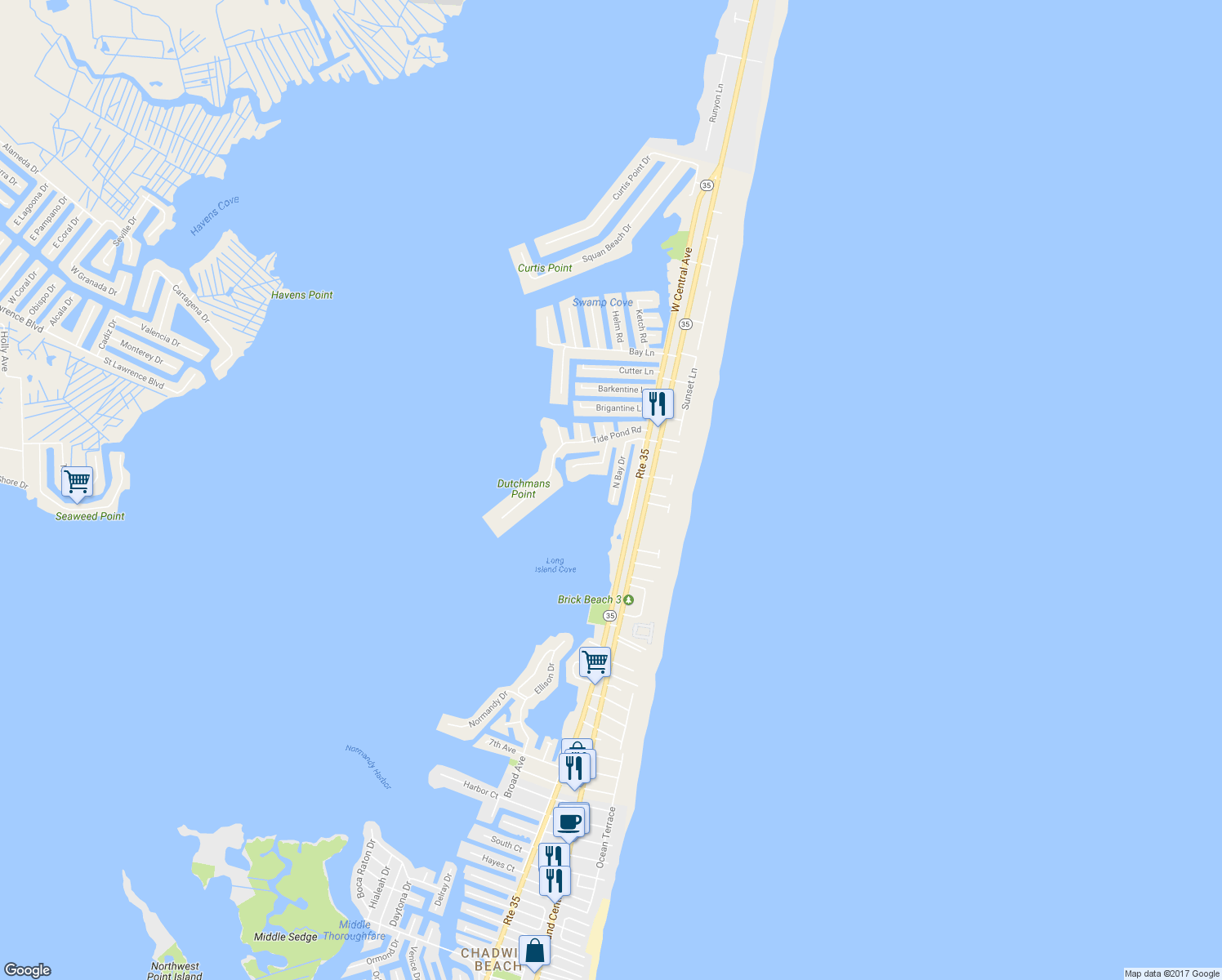 map of restaurants, bars, coffee shops, grocery stores, and more near 337 North Bay Drive in Mantoloking