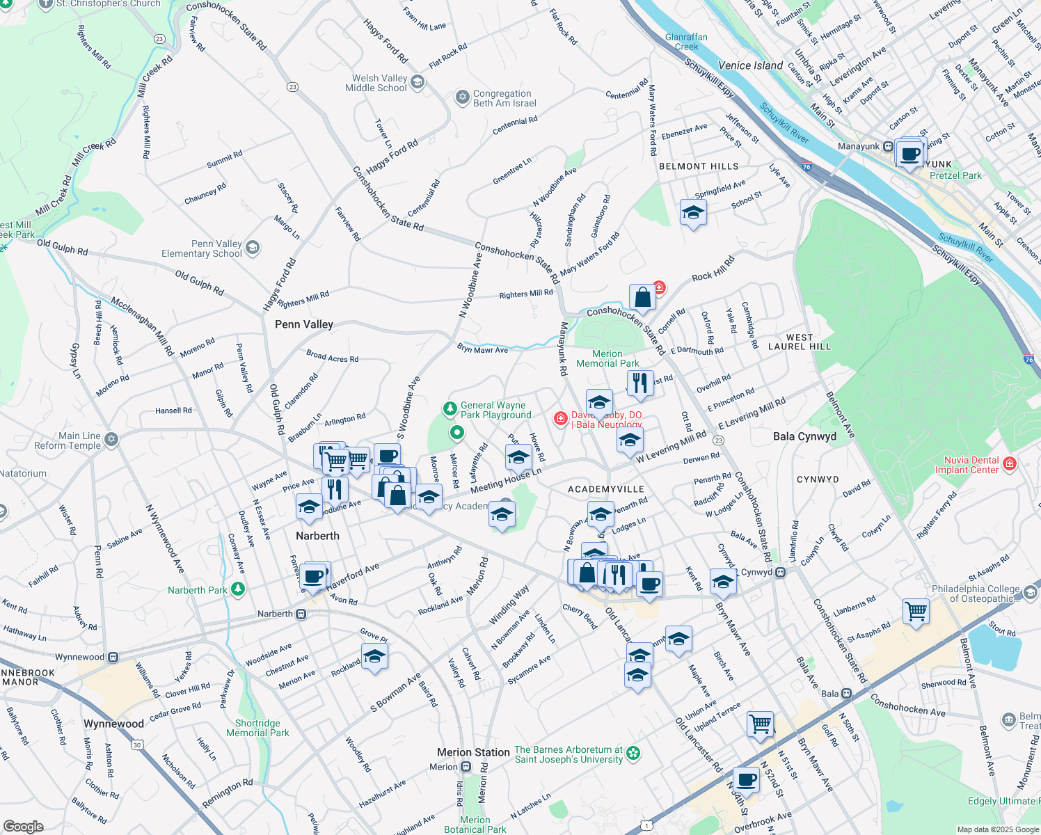 map of restaurants, bars, coffee shops, grocery stores, and more near 251 Standish Road in Merion Station
