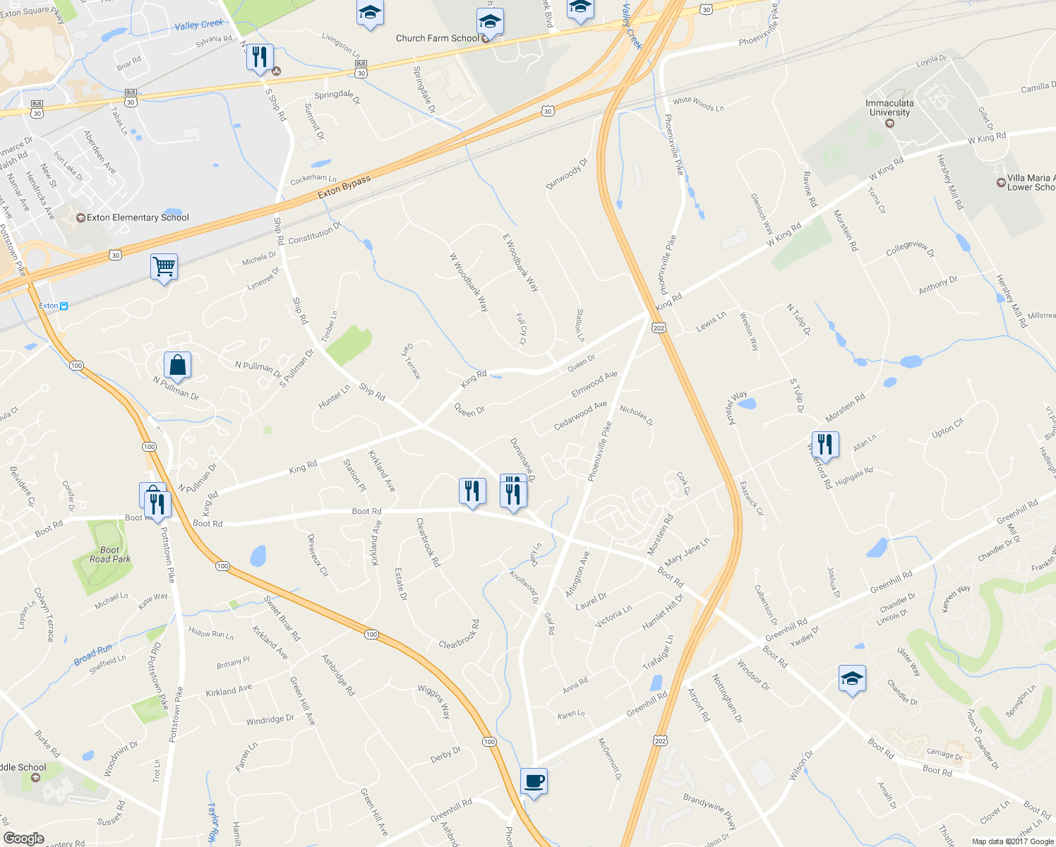 map of restaurants, bars, coffee shops, grocery stores, and more near 1348 Cypress Lane in West Chester