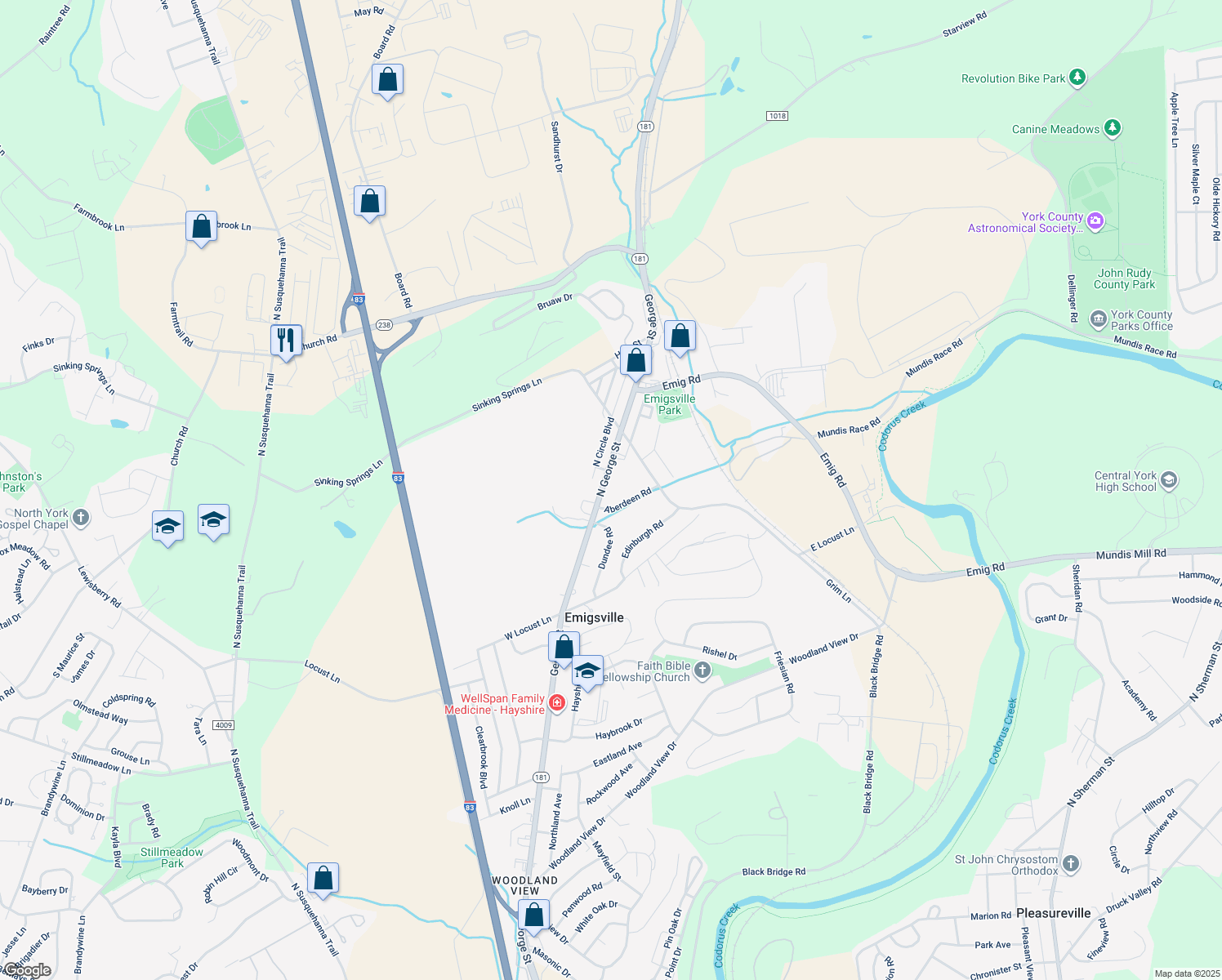 map of restaurants, bars, coffee shops, grocery stores, and more near 3137 North George Street in Emigsville