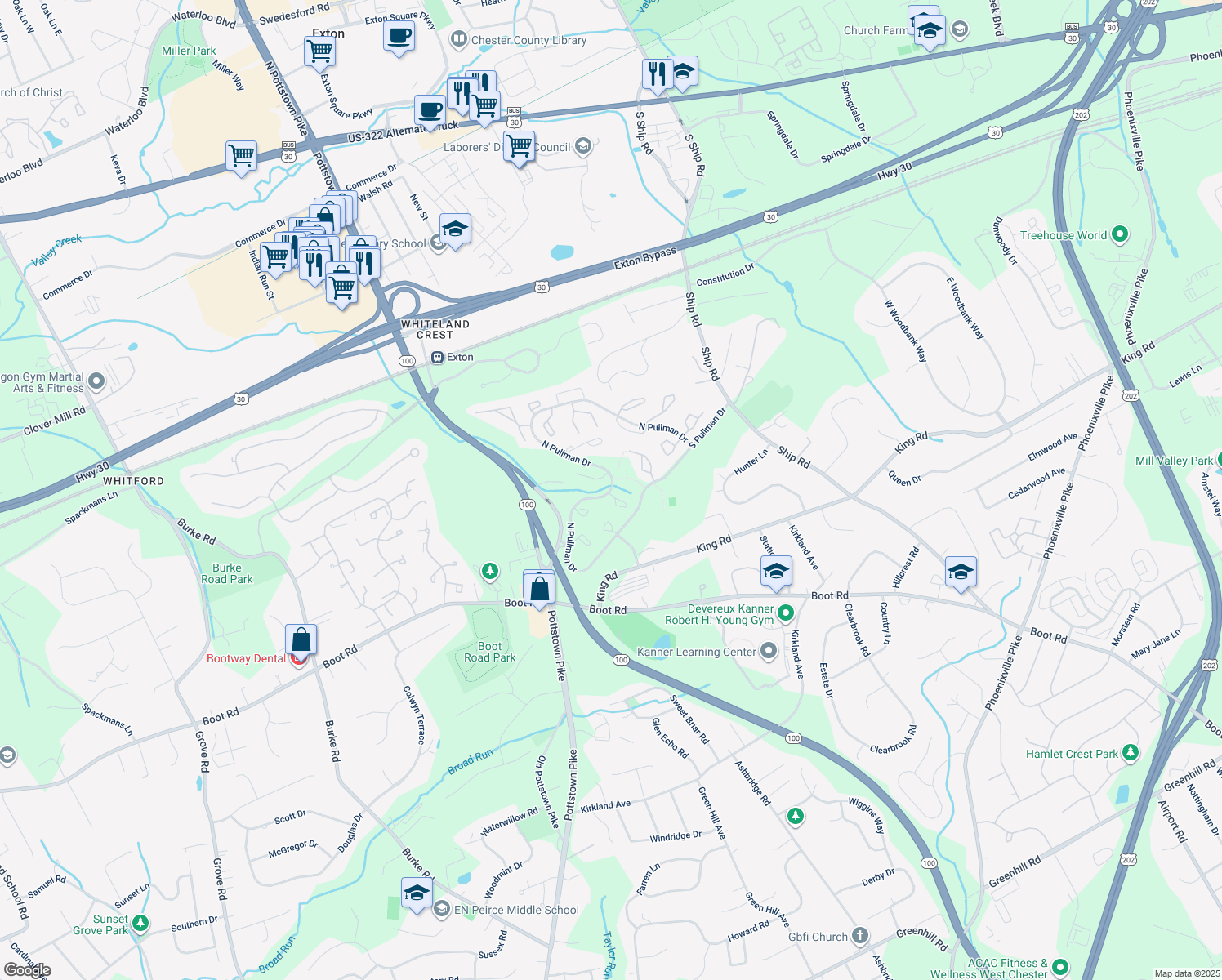 map of restaurants, bars, coffee shops, grocery stores, and more near 214 Smallwood Court in West Chester