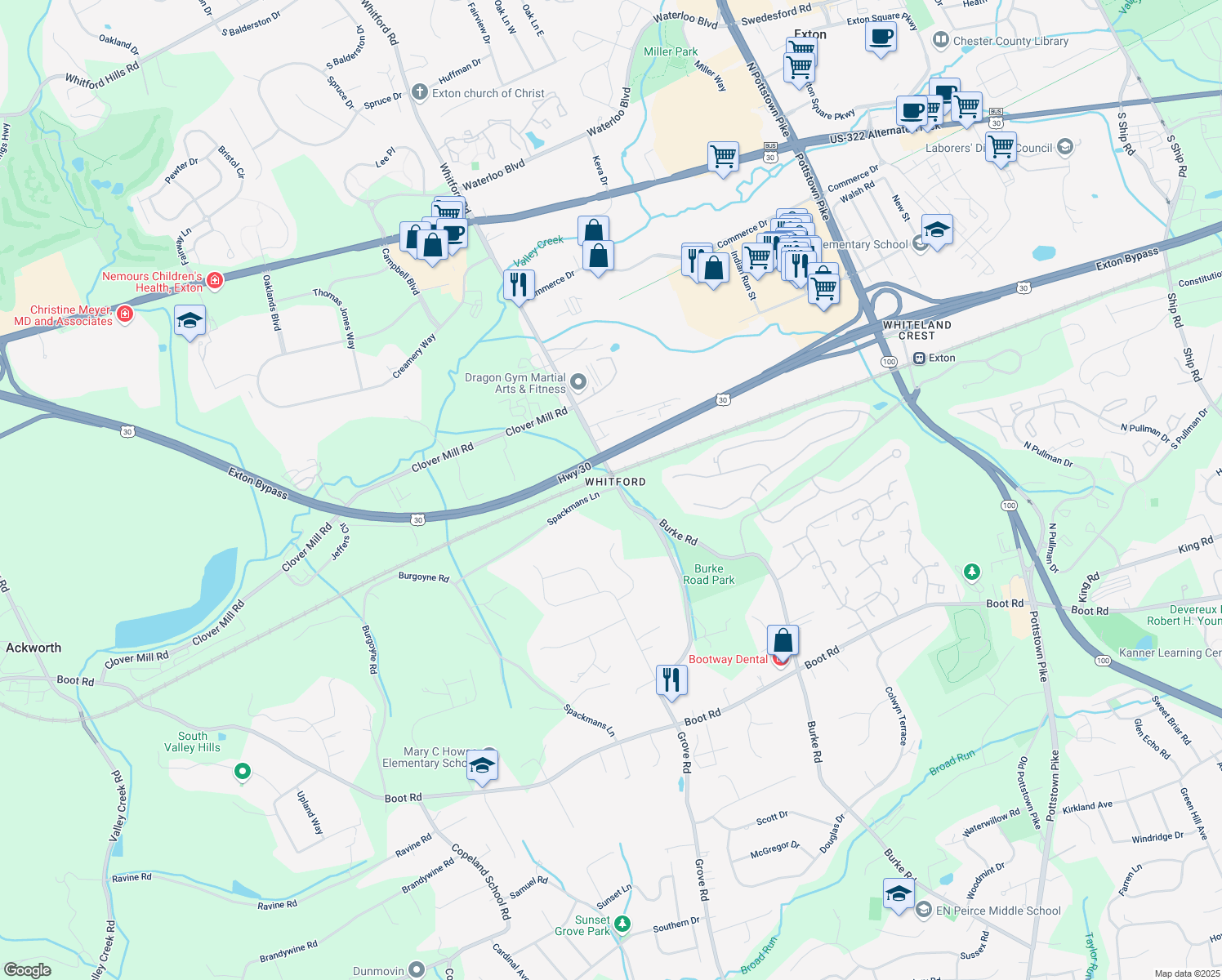 map of restaurants, bars, coffee shops, grocery stores, and more near 442 Spackmans Lane in West Chester
