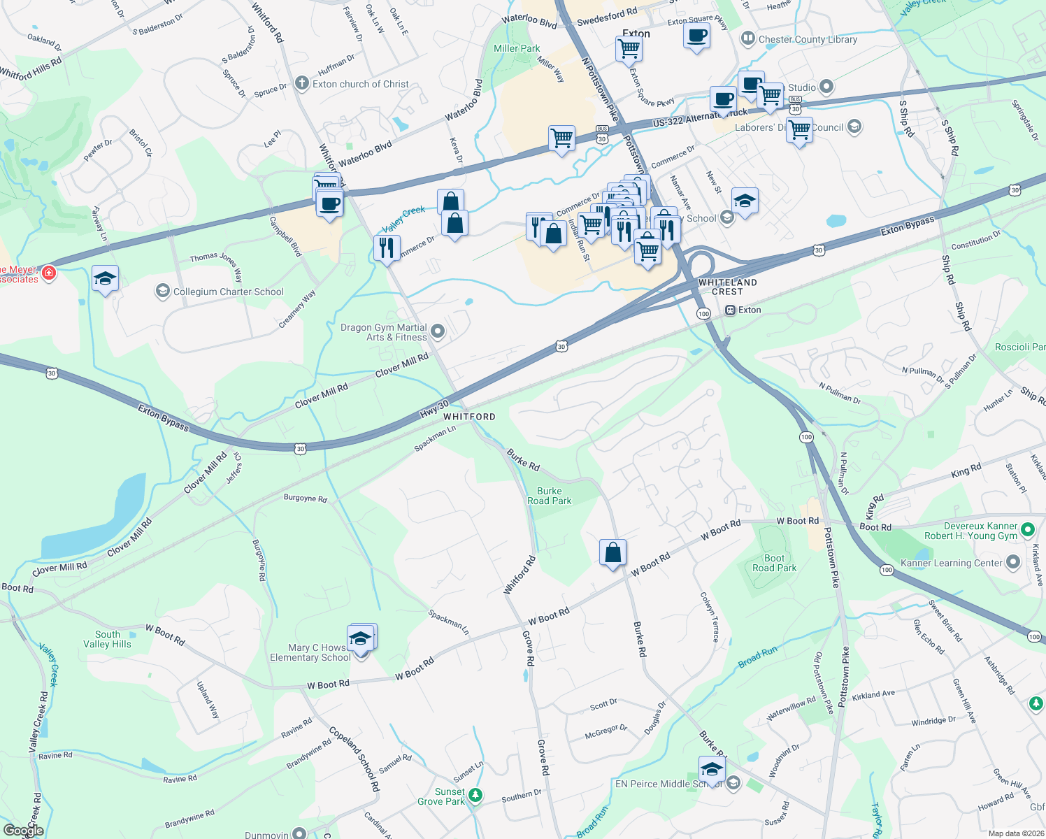 map of restaurants, bars, coffee shops, grocery stores, and more near 270 Silverbell Court in West Chester