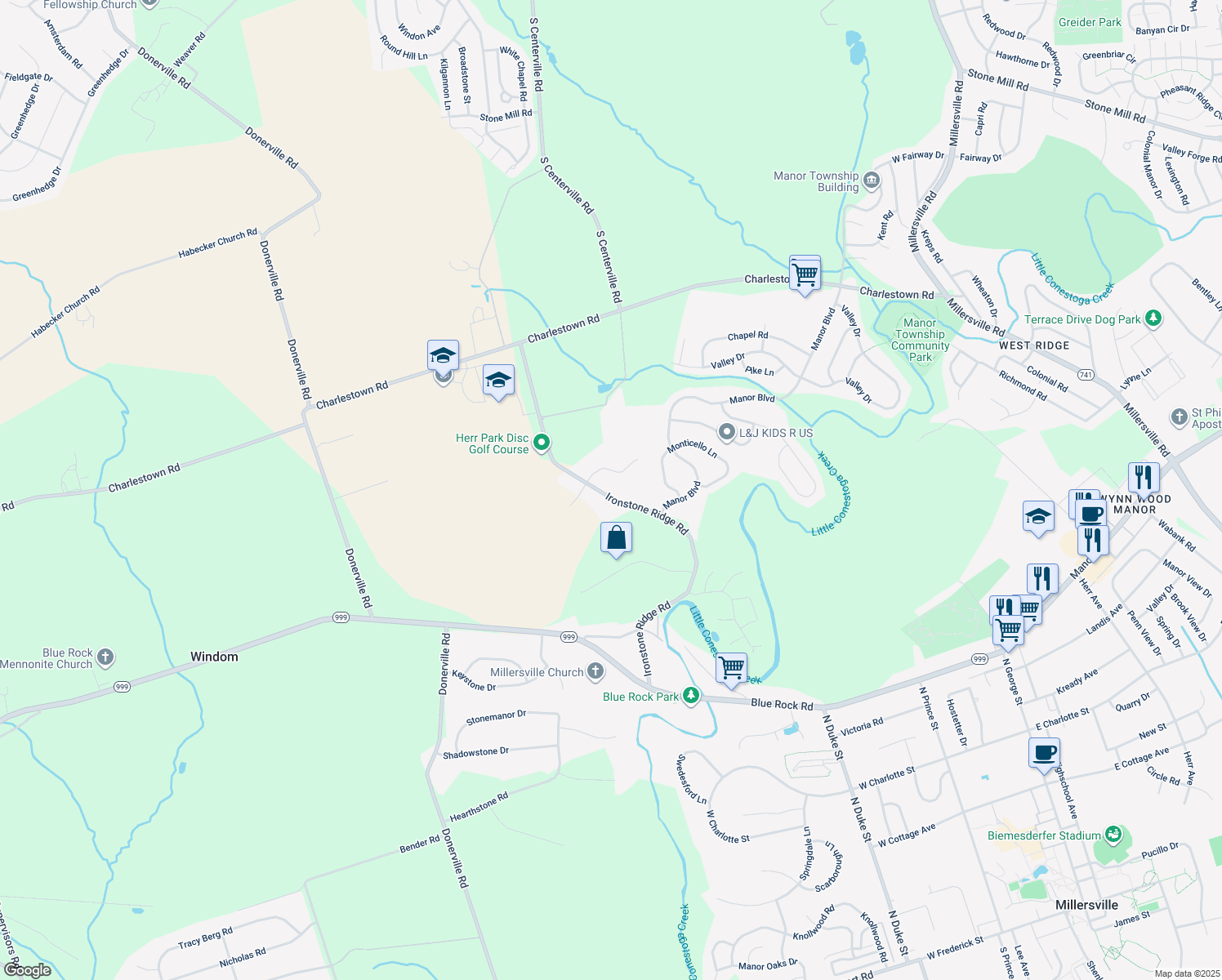 map of restaurants, bars, coffee shops, grocery stores, and more near 209 Ironstone Ridge Road in Lancaster