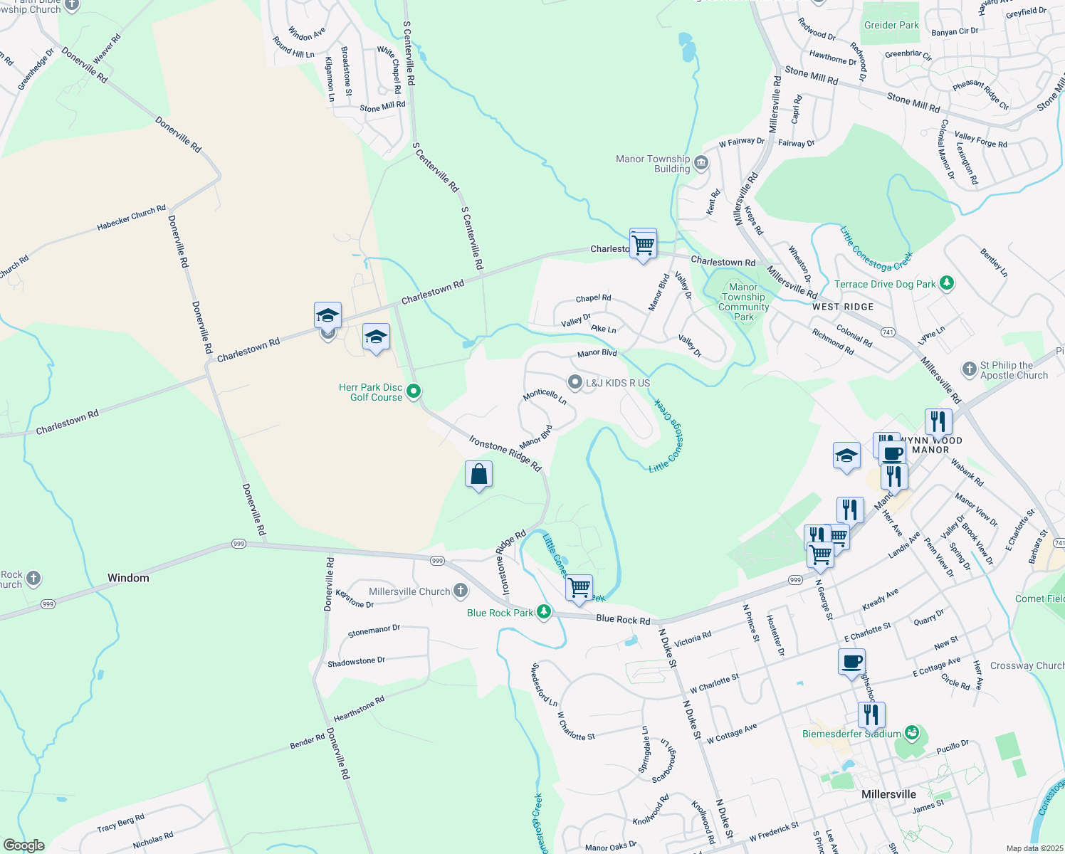 map of restaurants, bars, coffee shops, grocery stores, and more near 1099 Monticello Lane in Lancaster