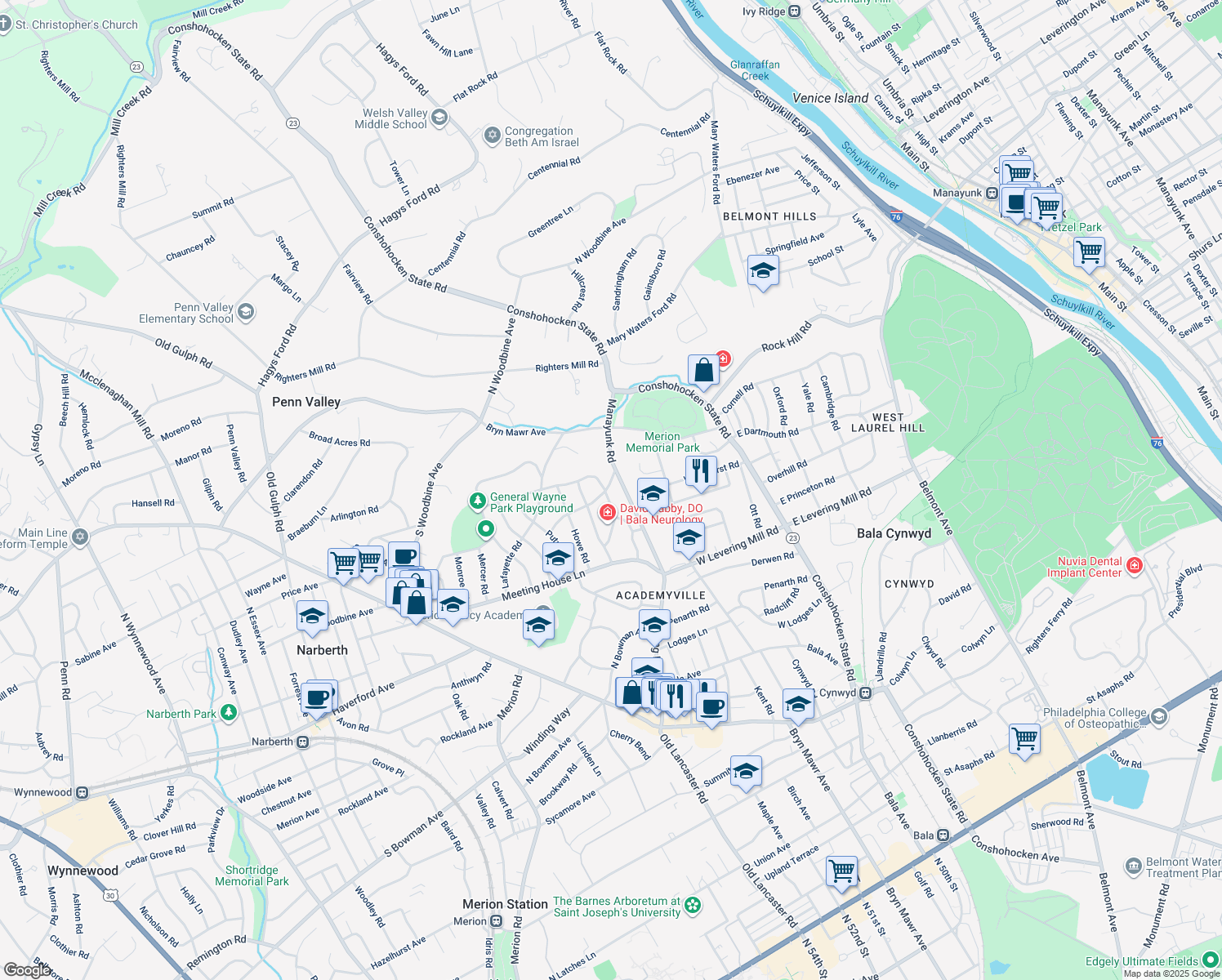 map of restaurants, bars, coffee shops, grocery stores, and more near 208 Standish Road in Merion Station