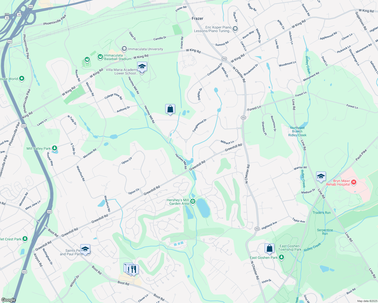 map of restaurants, bars, coffee shops, grocery stores, and more near 1203 Burning Bush Lane in West Chester