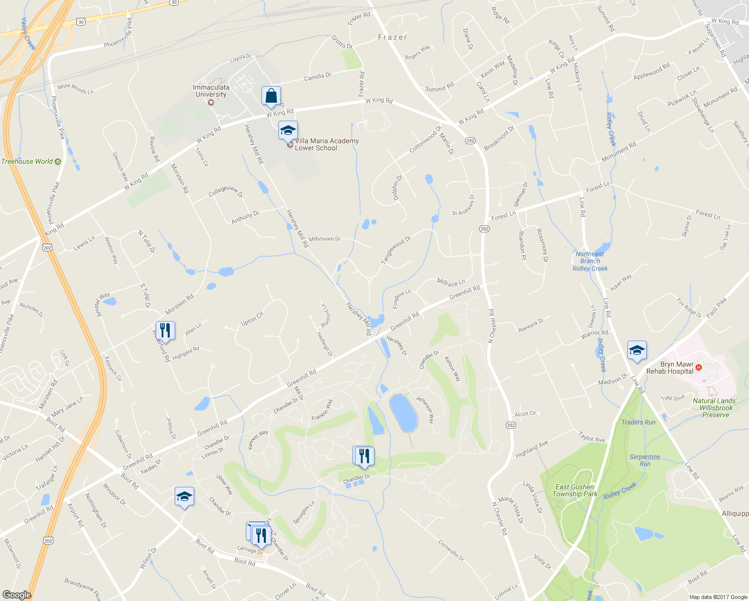 map of restaurants, bars, coffee shops, grocery stores, and more near 1203 Burning Bush Lane in West Chester