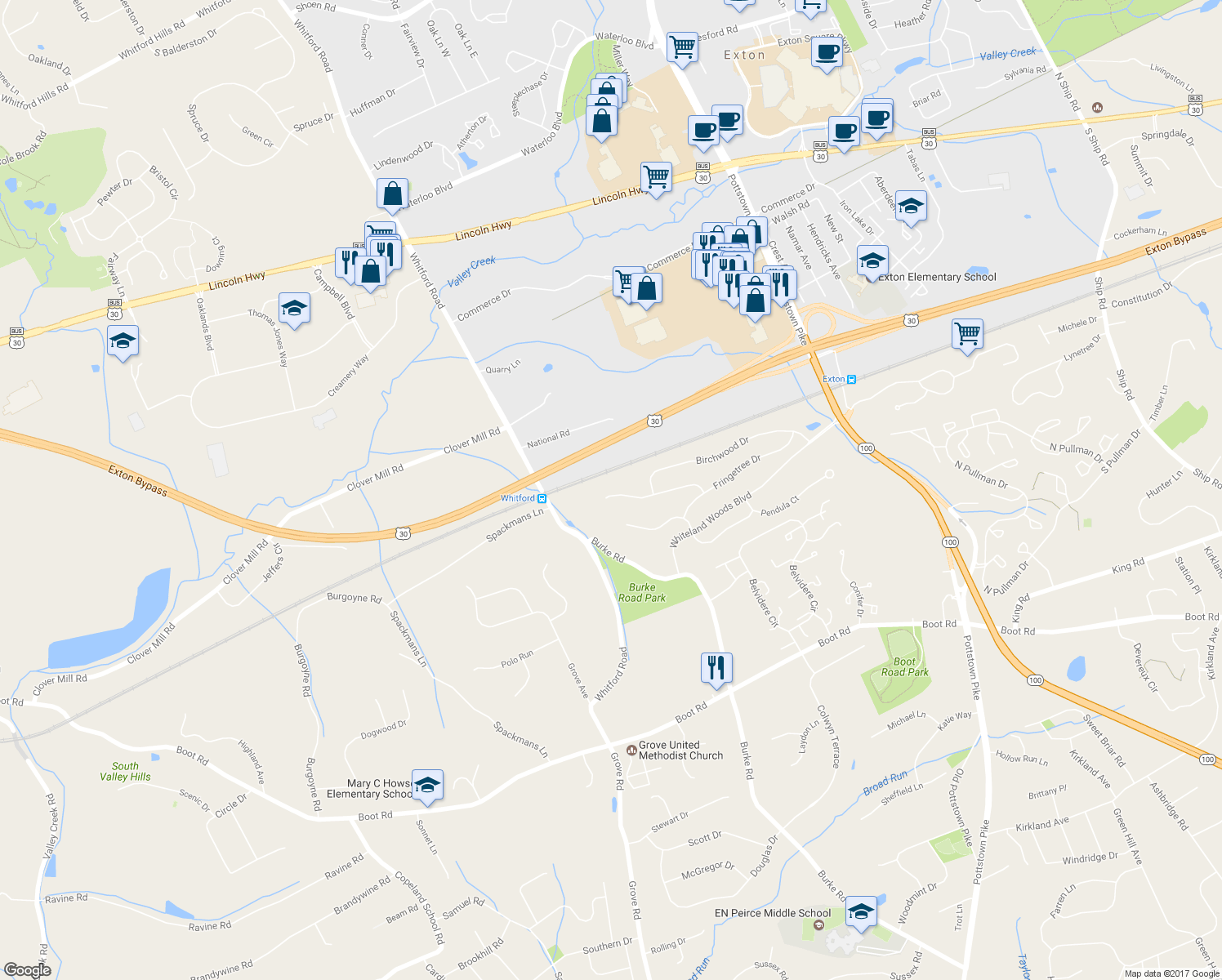 map of restaurants, bars, coffee shops, grocery stores, and more near 267 Silverbell Court in West Chester