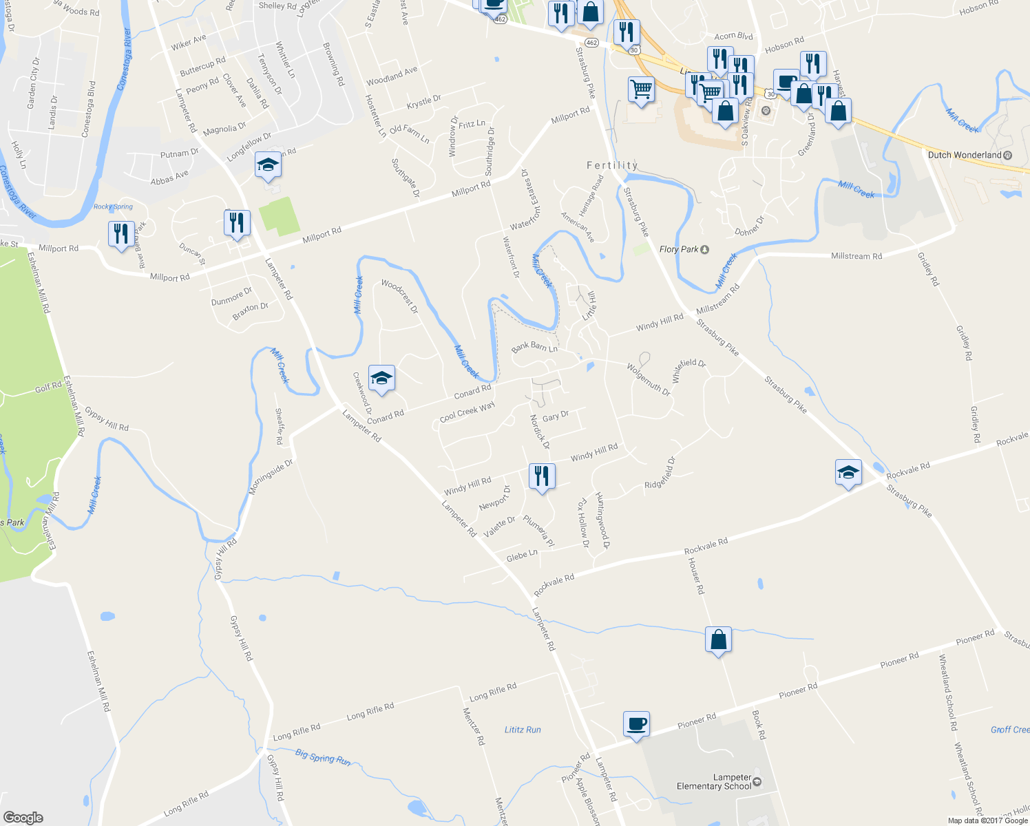 map of restaurants, bars, coffee shops, grocery stores, and more near 20 Myers Crossing in Lancaster