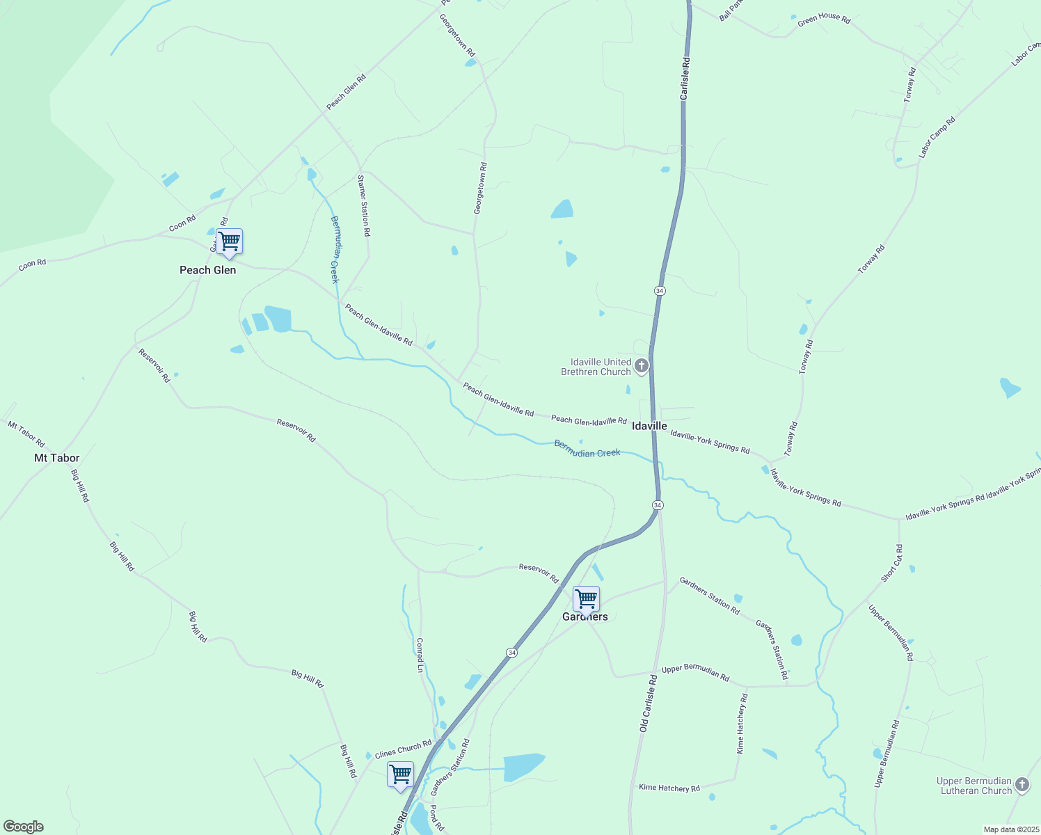 map of restaurants, bars, coffee shops, grocery stores, and more near 232 Peach Glen-Idaville Road in Gardners