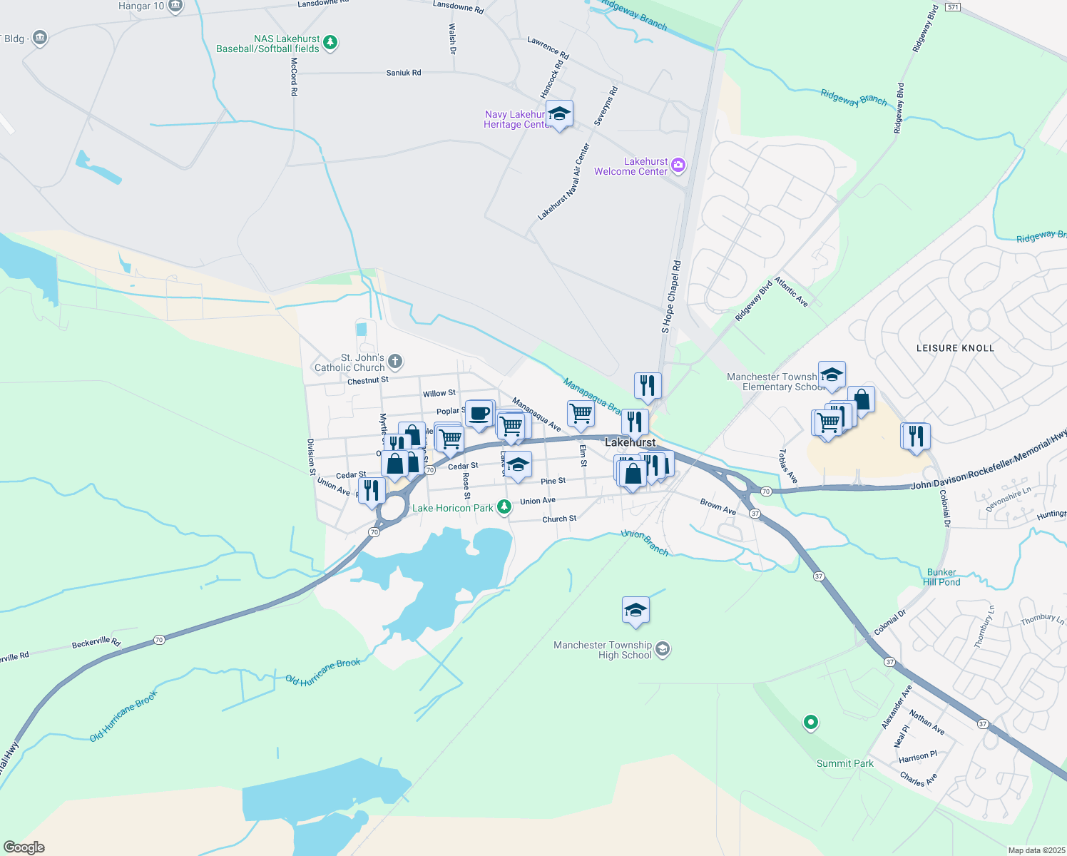 map of restaurants, bars, coffee shops, grocery stores, and more near 302 Maple St in Lakehurst